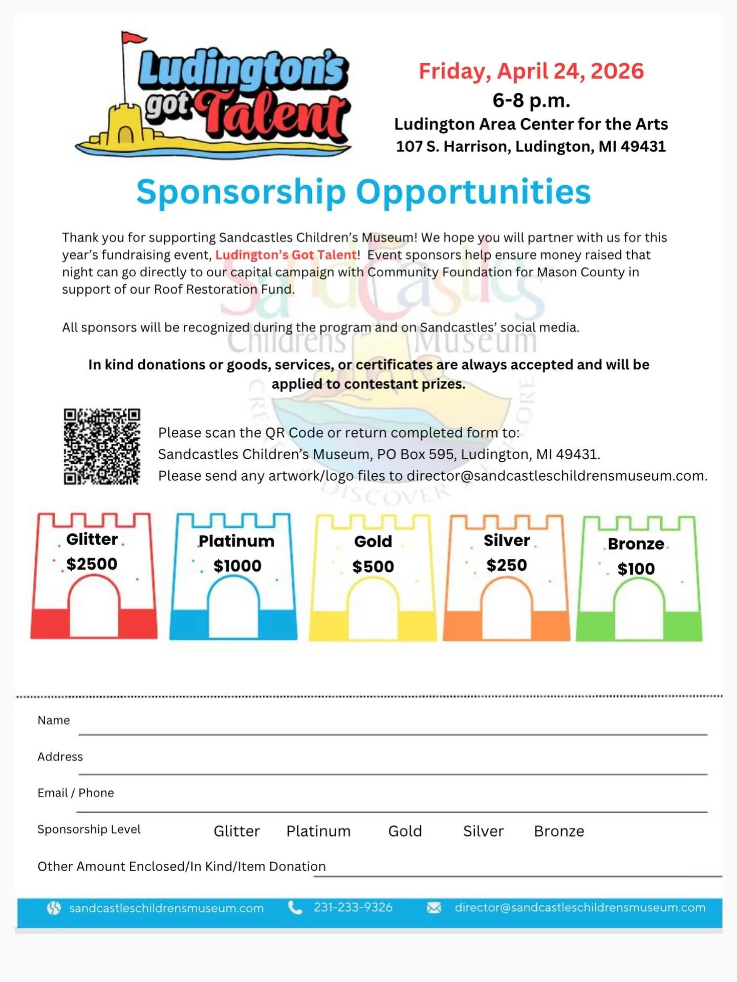 Here is the form where you can join others to sponsor our upcoming fundraising event!

Ludington&rsquo;s Got Talent 🎤
Friday, April 24, 2026
6-8 pm 
Ludington Area Center for the Arts Performance Hall! 
107 S. Harrison 
Ludington,MI 49431