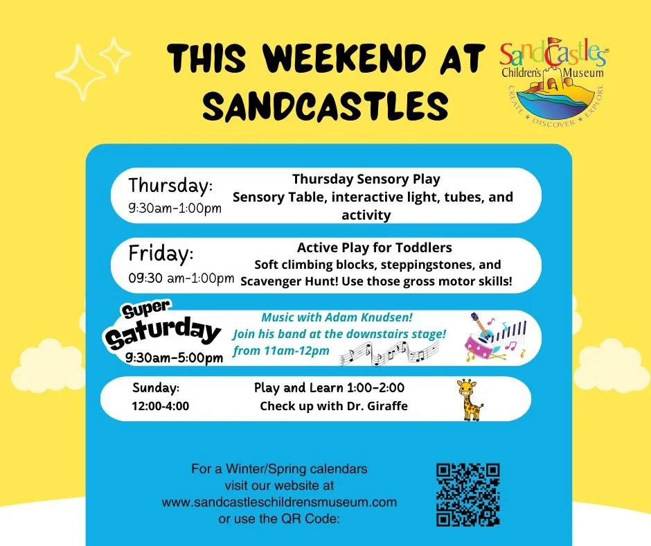 This Saturday, Adam Knudsen returns to Sandcastles, performing a delightful range of children's music on the downstairs stage from 11am-12pm. 
On Sunday, our Play and Learn event features the engaging theme 'Check up with Dr. Giraffe Register', free 