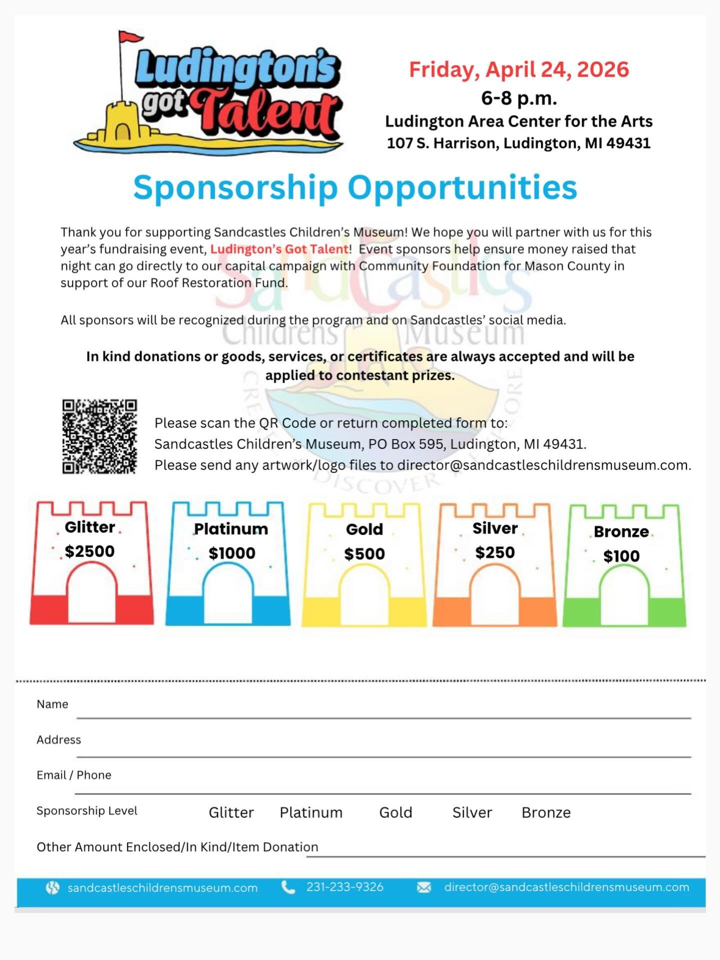 Here is the form where you can join others to sponsor our upcoming fundraising event!

Ludington&rsquo;s Got Talent 🎤
Friday, April 24, 2026
6-8 pm 
Ludington Area Center for the Arts Performance Hall! 
107 S. Harrison 
Ludington,MI 49431