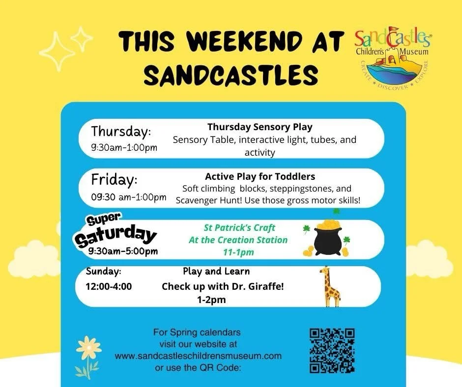 Who will join us this week?
This Saturday, we will have a St. Patrick&rsquo;s project at the Creation Station! 🍀
On Sunday, our Play and Learn event features the engaging theme &lsquo;Check up with Dr. Giraffe Register&rsquo;, free to Great Start Co
