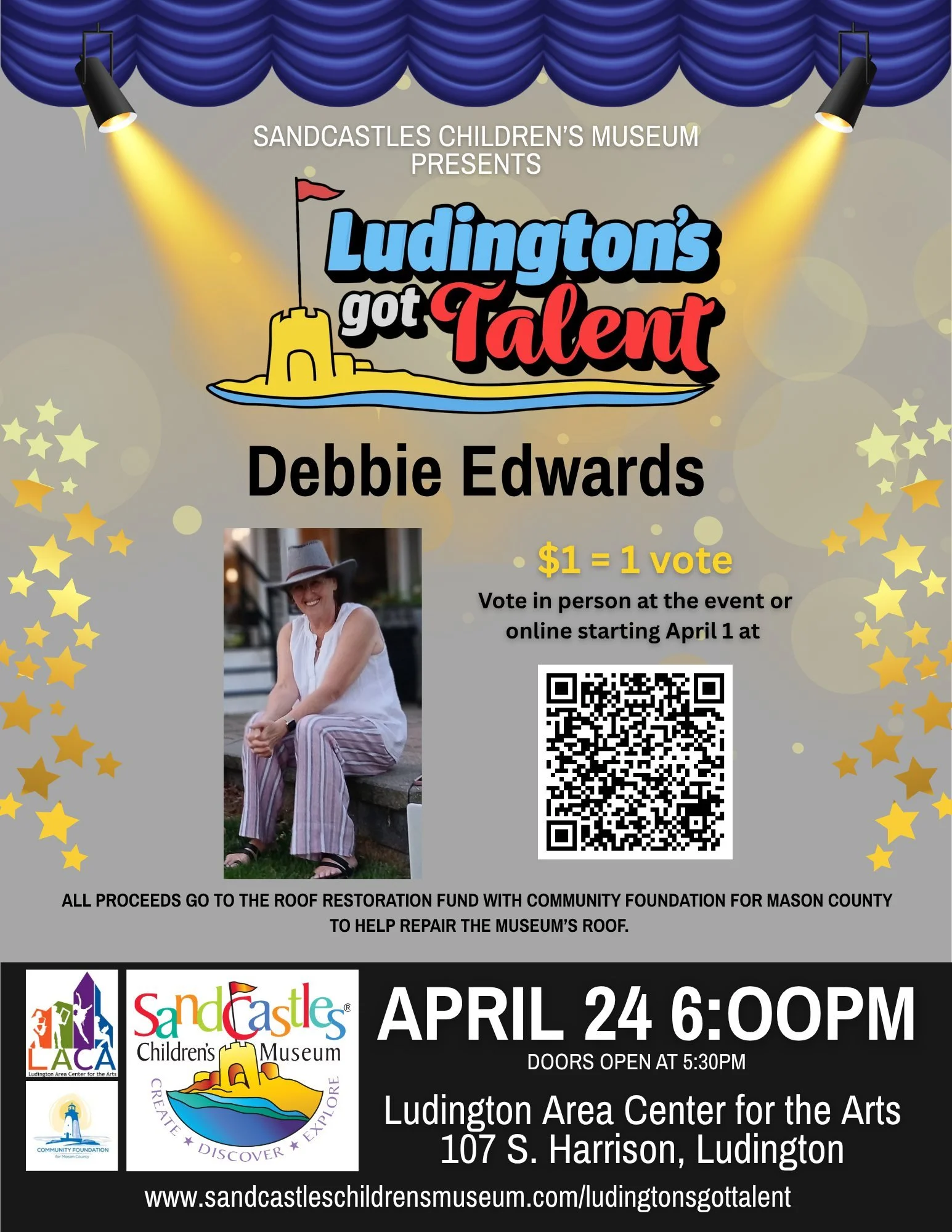 We are pleased to announce our esteemed talent lineup for the Ludington's Got Talent Fundraiser, taking place on April 24th at 6pm at the Ludington Area Center for the Arts. Online voting commences today! Simply scan the individual QR Codes to cast y