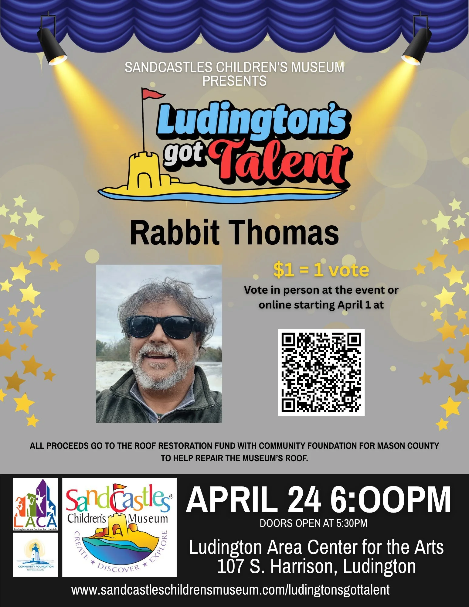 We are pleased to announce our esteemed talent lineup for the Ludington's Got Talent Fundraiser, taking place on April 24th at 6pm at the Ludington Area Center for the Arts. Online voting commences today! Simply scan the individual QR Codes to cast y