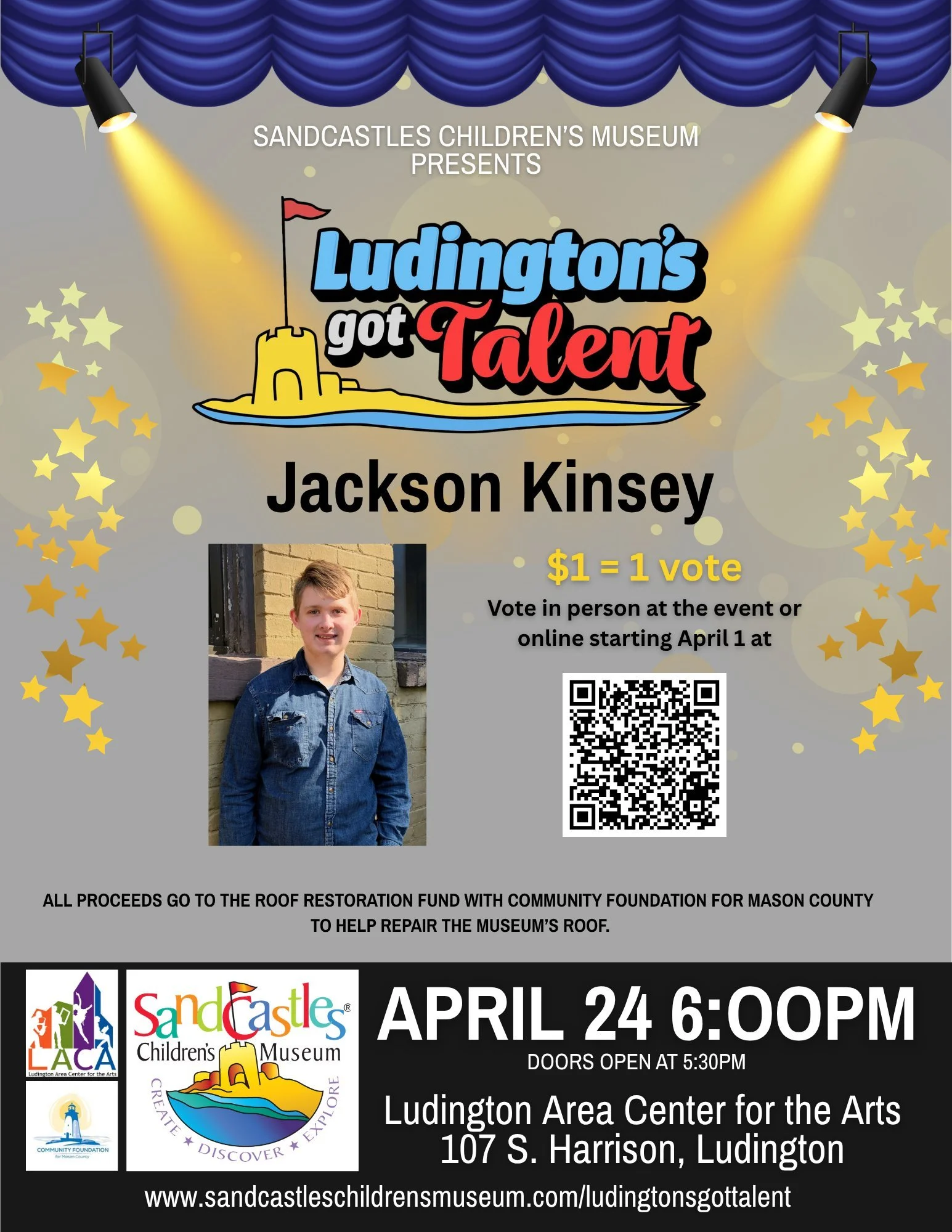 We are pleased to announce our esteemed talent lineup for the Ludington's Got Talent Fundraiser, taking place on April 24th at 6pm at the Ludington Area Center for the Arts. Online voting commences today! Simply scan the individual QR Codes to cast y