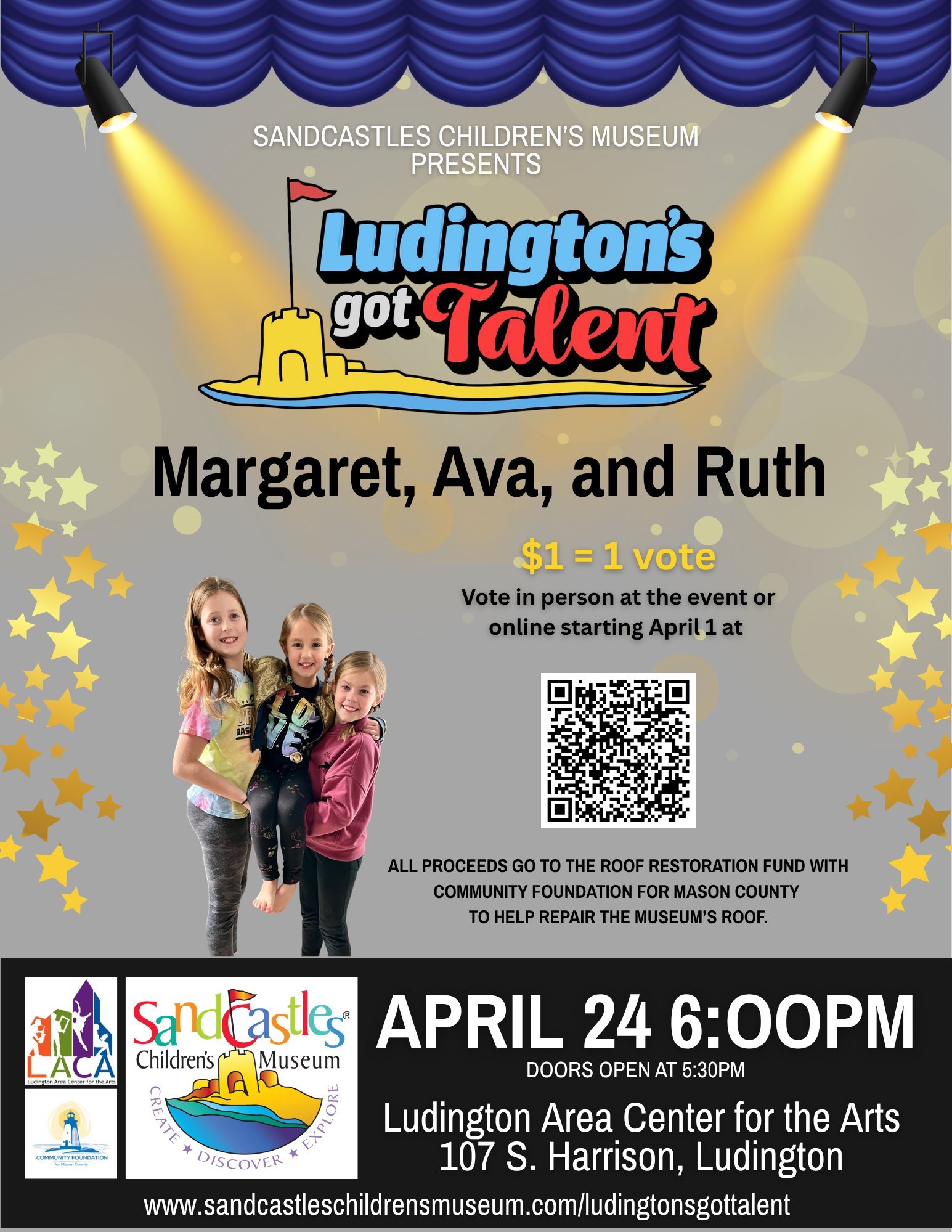 We are pleased to announce our esteemed talent lineup for the Ludington's Got Talent Fundraiser, taking place on April 24th at 6pm at the Ludington Area Center for the Arts. Online voting commences today! Simply scan the individual QR Codes to cast y