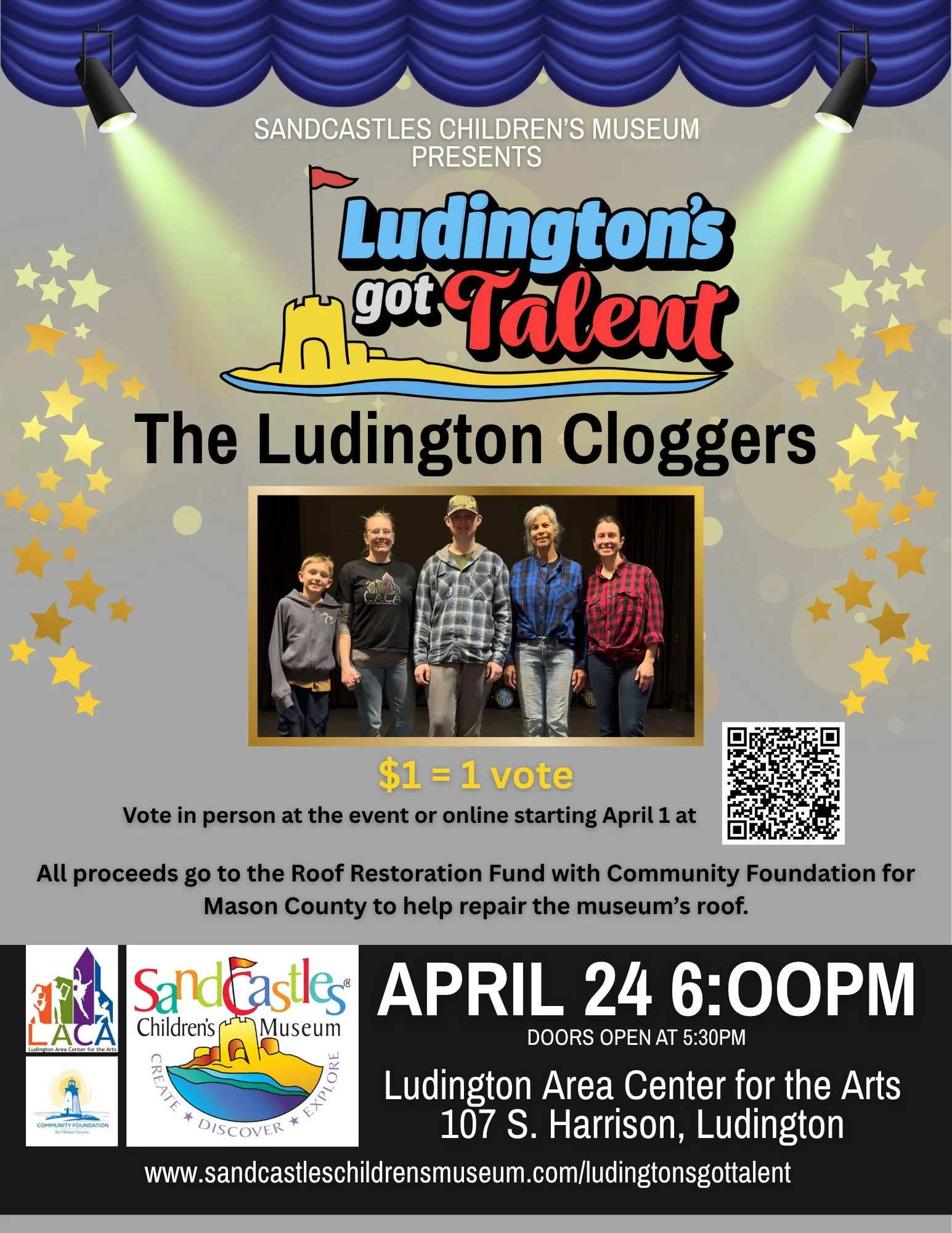 We are pleased to announce our esteemed talent lineup for the Ludington's Got Talent Fundraiser, taking place on April 24th at 6pm at the Ludington Area Center for the Arts. Online voting commences today! Simply scan the individual QR Codes to cast y