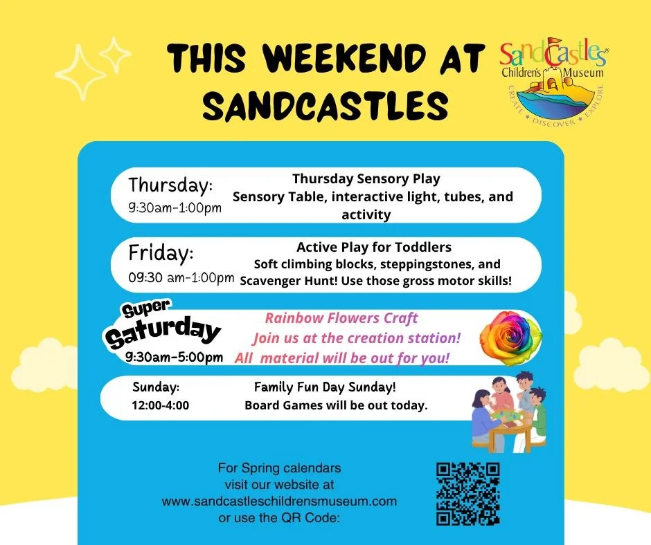 Who's ready for a weekend of sensory overload, active shenanigans, crafty creations, and family game fun? 🎉 We're back to our Spring Hours: 
Thursday and Friday's 9:30-1:00
Saturday 9:30-5:00
Sunday 12:00-4:00. See you there! 😄