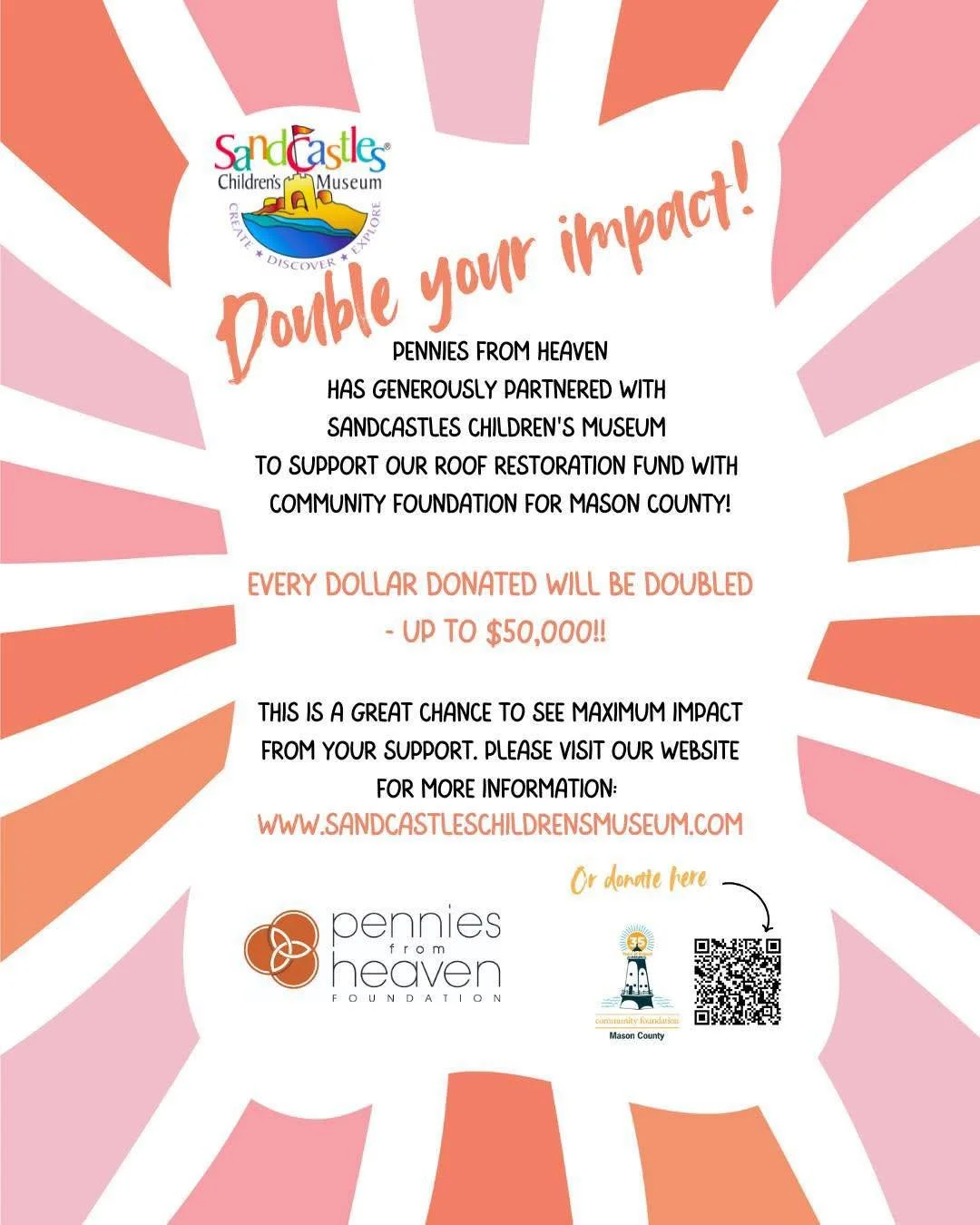 HUGE NEWS: Pennies From Heaven has offered up a $50,000 matching grant to support our Roof Restoration Fund! Every dollar will be matched 100%, but we have to meet the match goal first! That's where we (and you) all come in. 

We could really use you