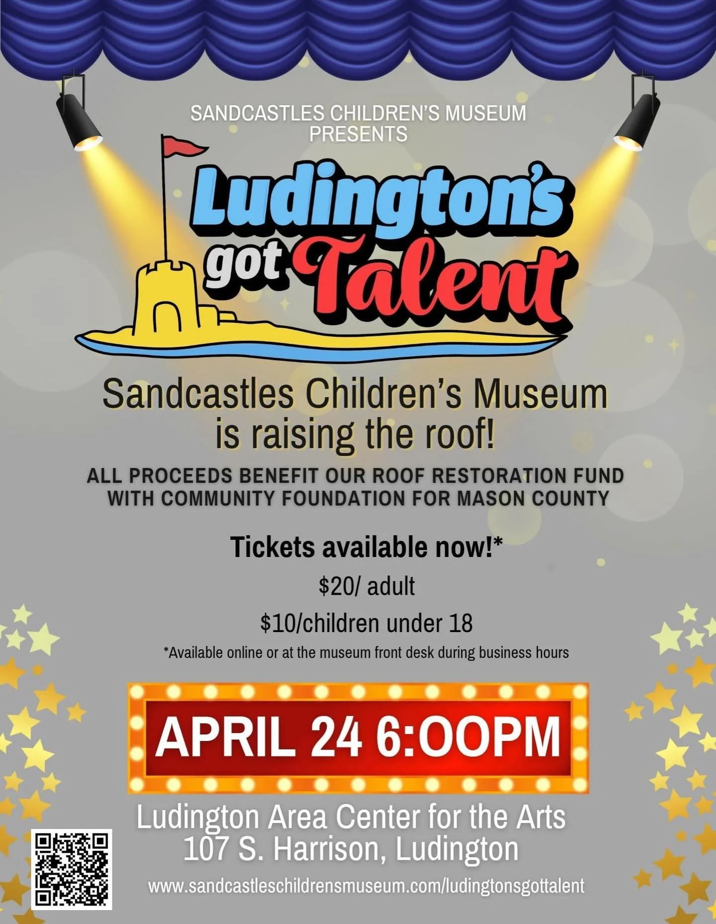 Join us for our fundraiser tomorrow, Friday April 24th at Ludington Area Center for the Arts. Doors open at 5:30pm. You can order your tickets online or pay at the door, and vote for your favorite act at sandcastleschildrensmuseum.com/ludingtonsgotta