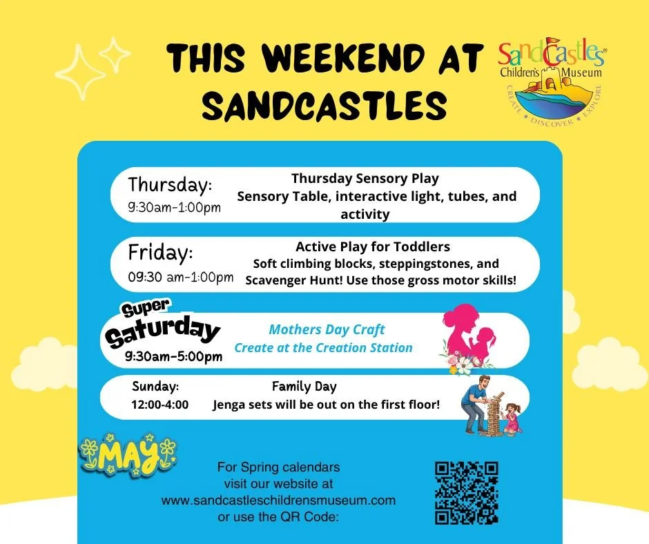 Will you be ready when May arrives in just two days? 🌷 

On Thursday, we invite you to engage in Sensory play, and on Friday, get active with us in a warm and welcoming environment. 

This Saturday, join us at the Creation Station to craft a special