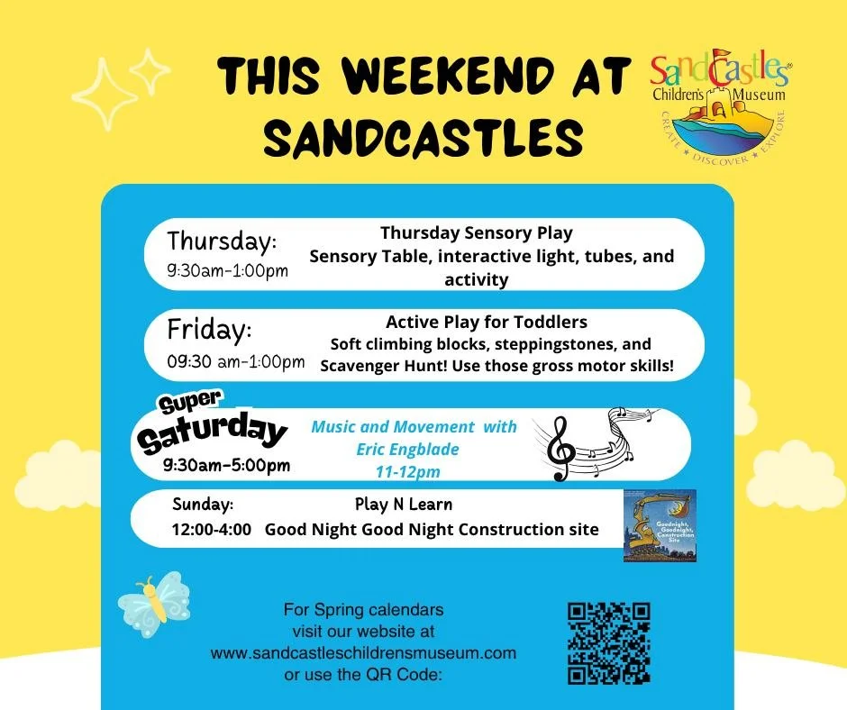 This Thursday, we invite families to engage with our sensory items. 

On Friday, our Active Equipment will be available for physical activity. 

Saturday features Eric Engblade's Music and Movement session on the first-floor stage. Join the band on s