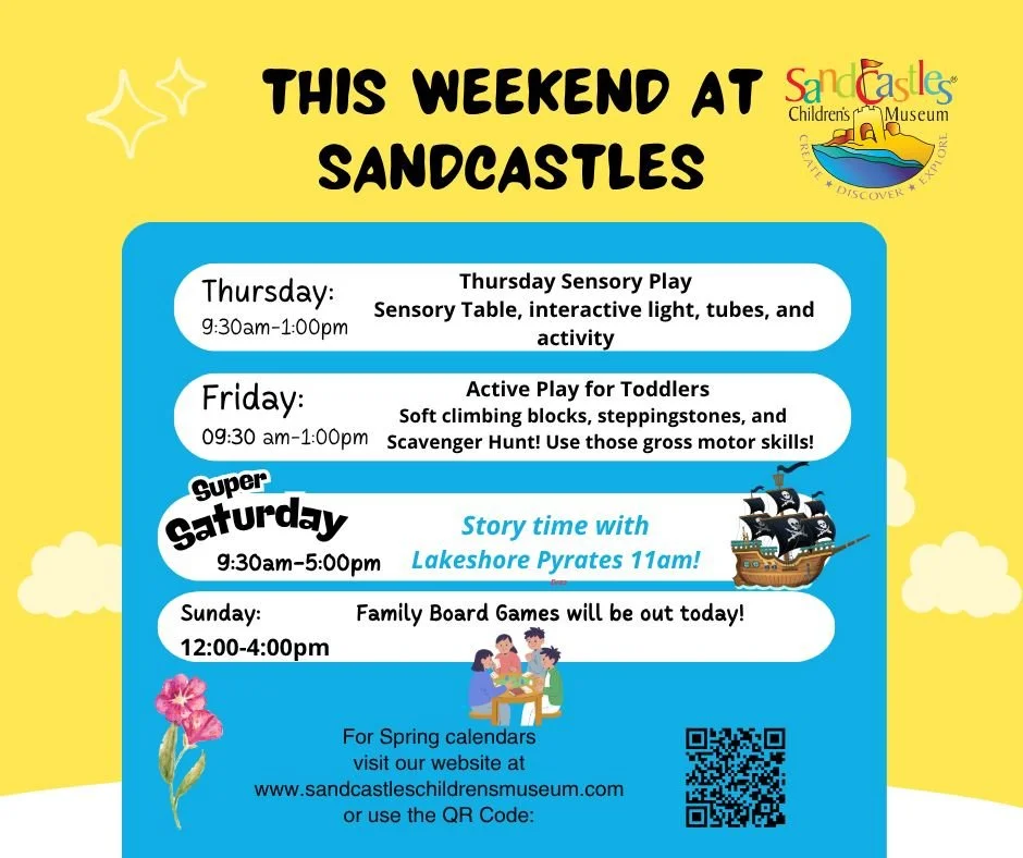 Spring Hours 🌞! Thursday and Friday, we're talkin' 9:30-1:00 for Sensory Play and Active Play - aka the most epic battle against boredom. 
Saturday, 9:30-5:00, we're goin' full-on pirate mode! 🏴&zwj;☠️ The Lakeshore Pyrate Head Club is coming to re