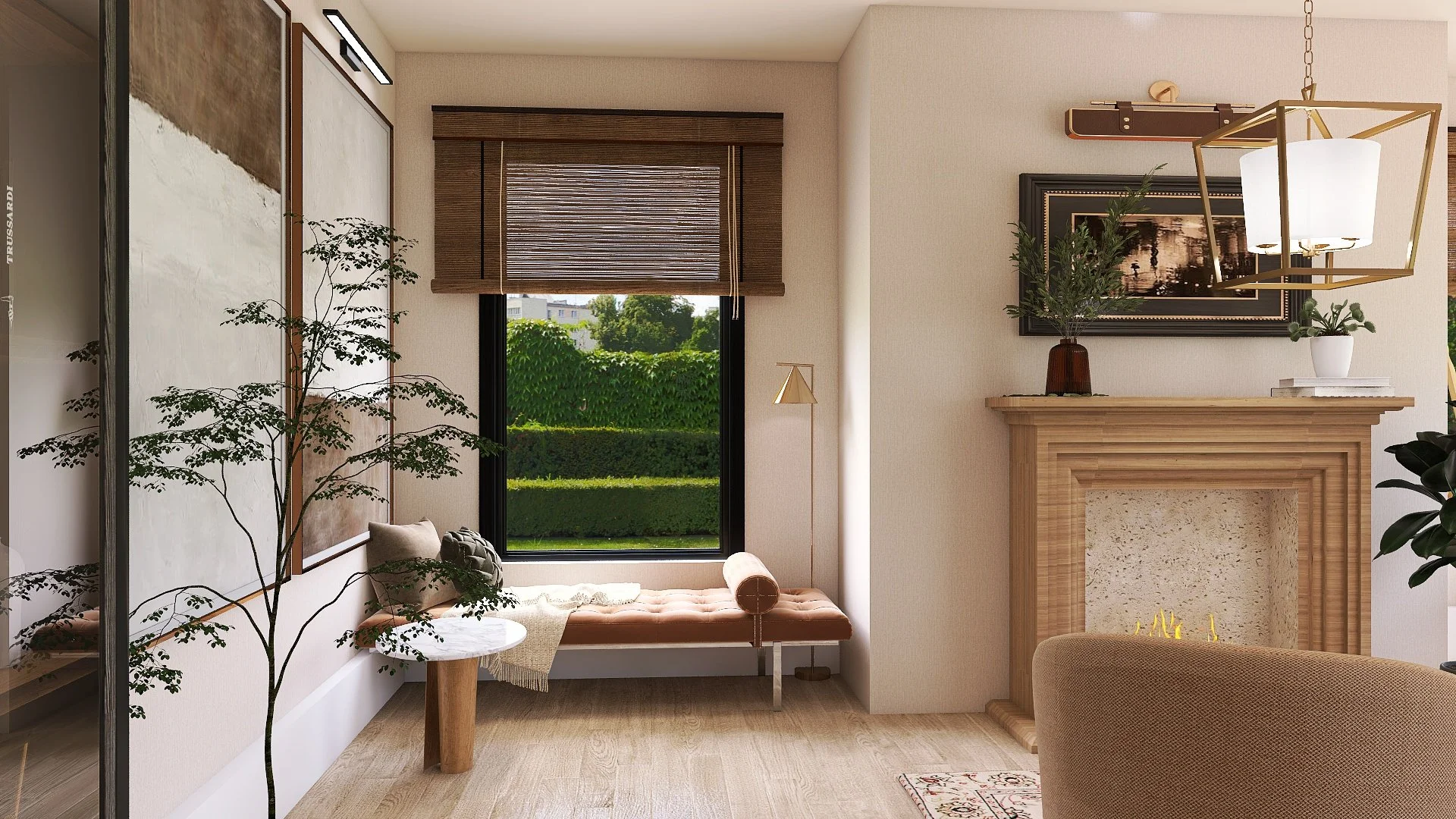Cozy living room with beige walls, a window with bamboo shades showing greenery outside, a fireplace with a wooden mantel, a beige armchair, a tufted pink bench with a pillow and bolsters, a small round marble-topped side table, potted plants, framed artwork, and a modern chandelier.
