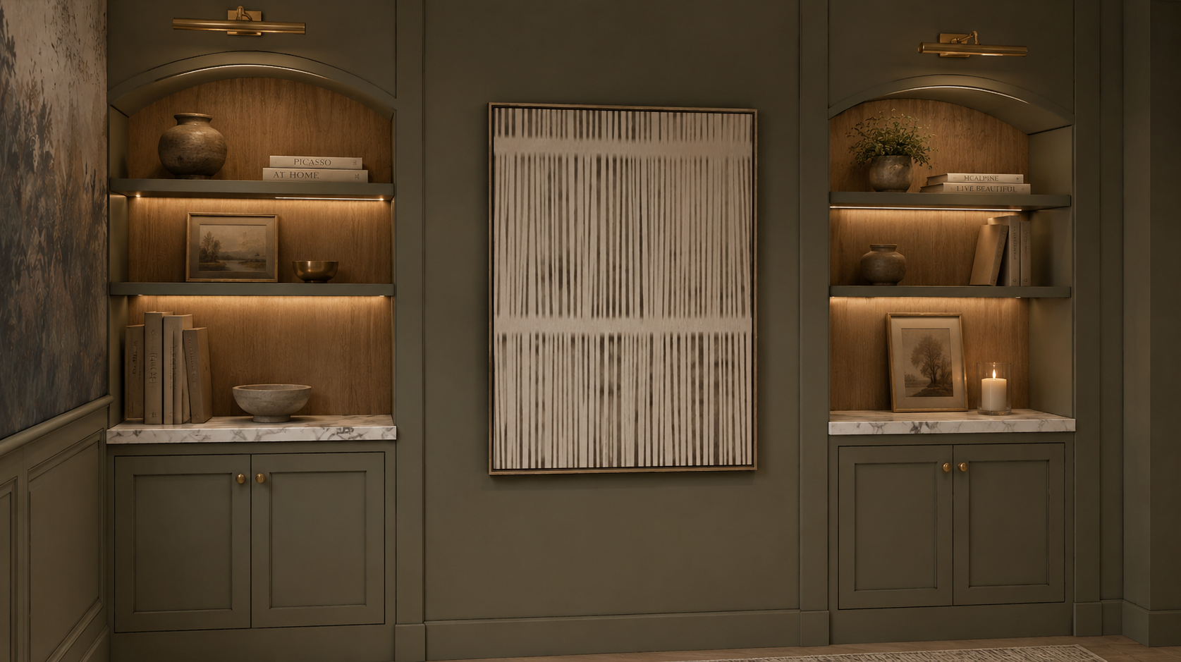 Dark Green moody interior design bookshelf sunderland