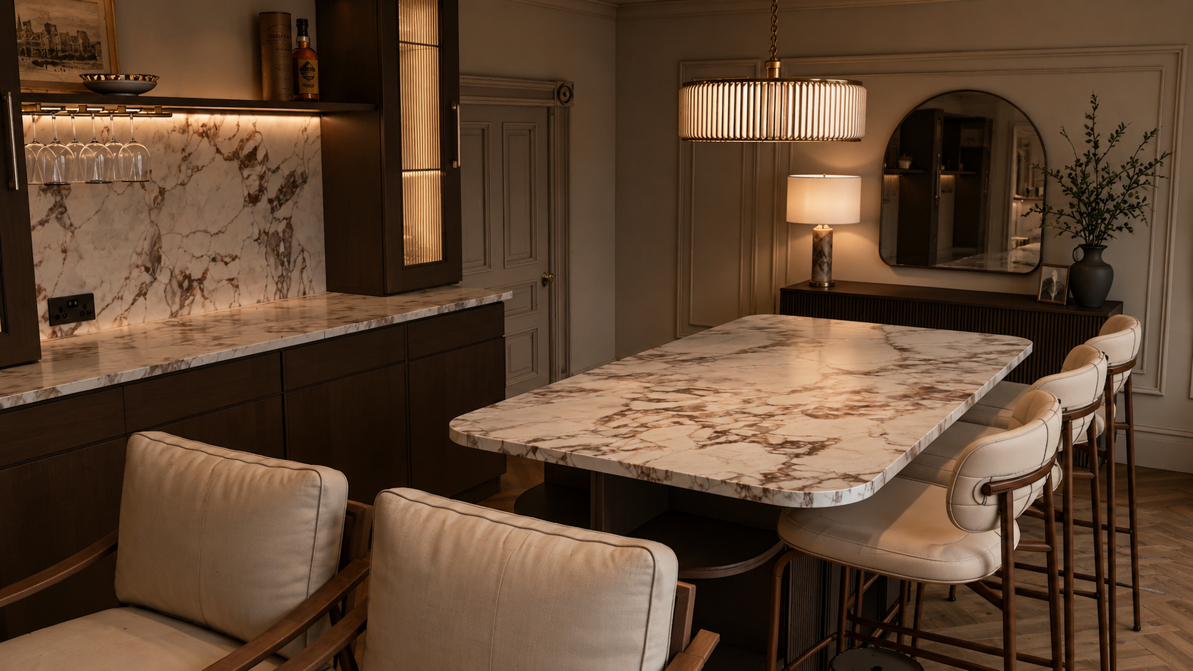 Marble Top bar with dim lighting in home bar