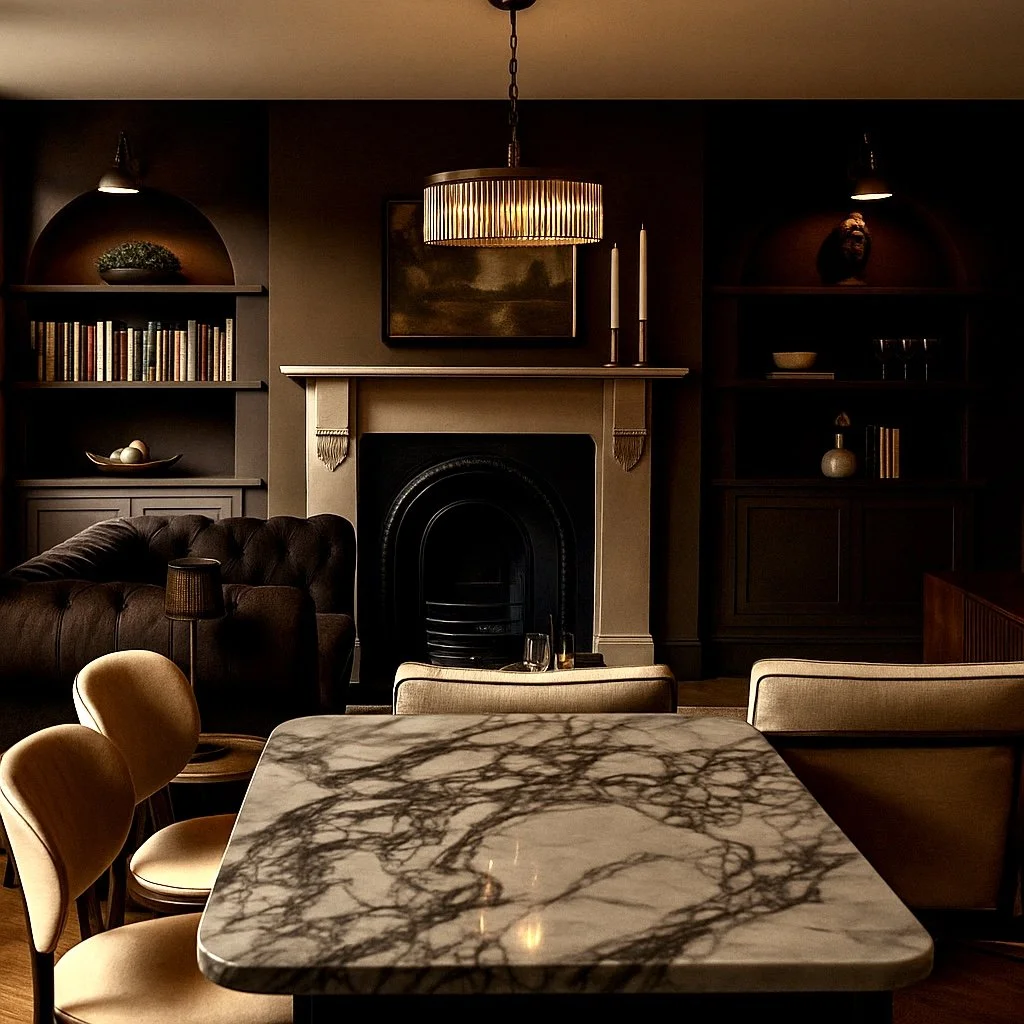 Marble Top bar with dim lighting in home bar