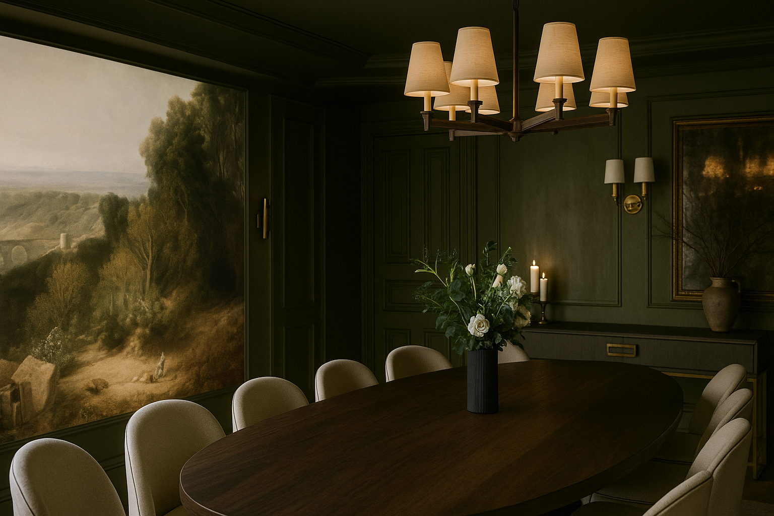Green Dining Room with oval table and pendant shade chandelier