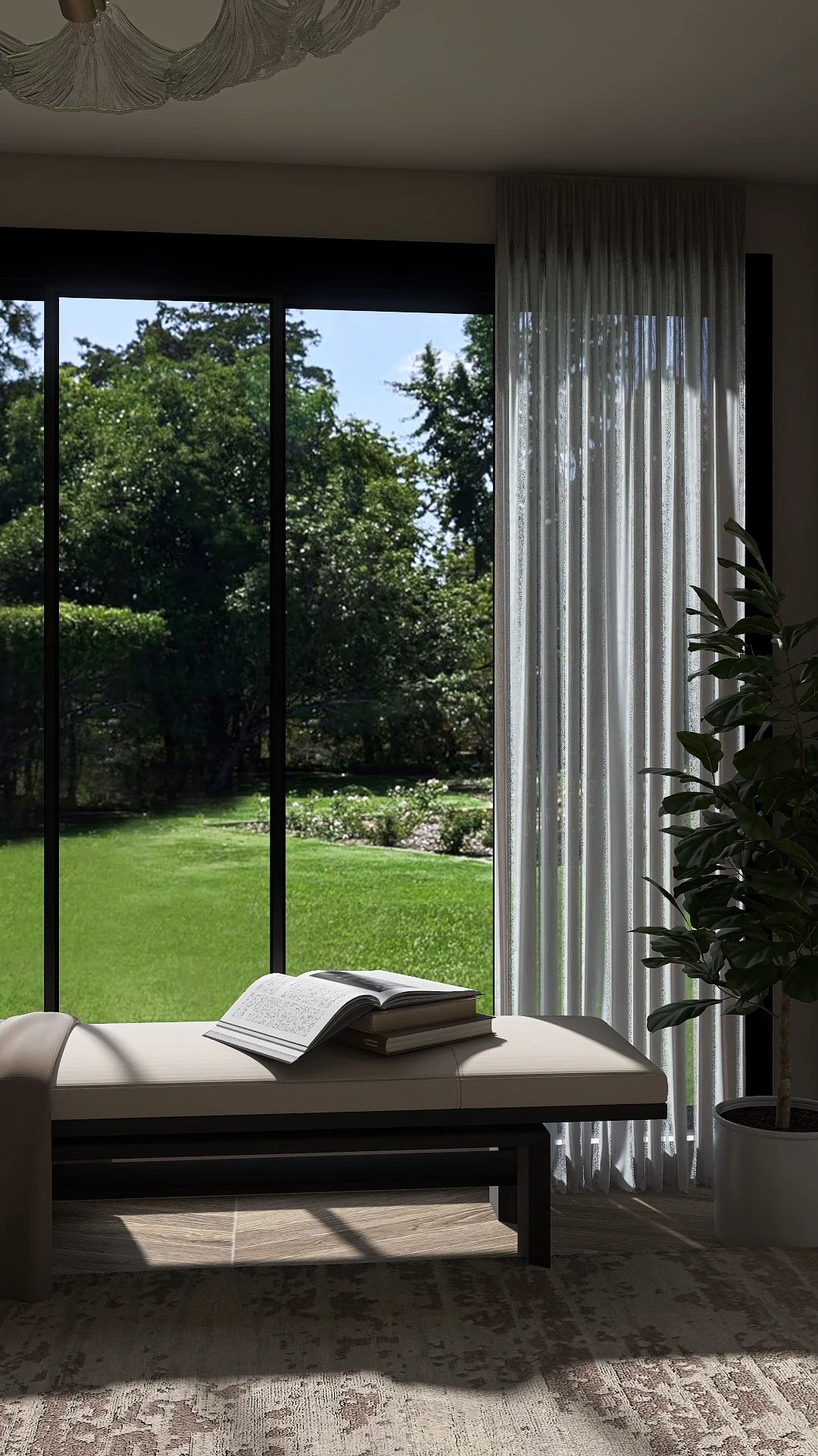 Window Seat overlooking lush green garden