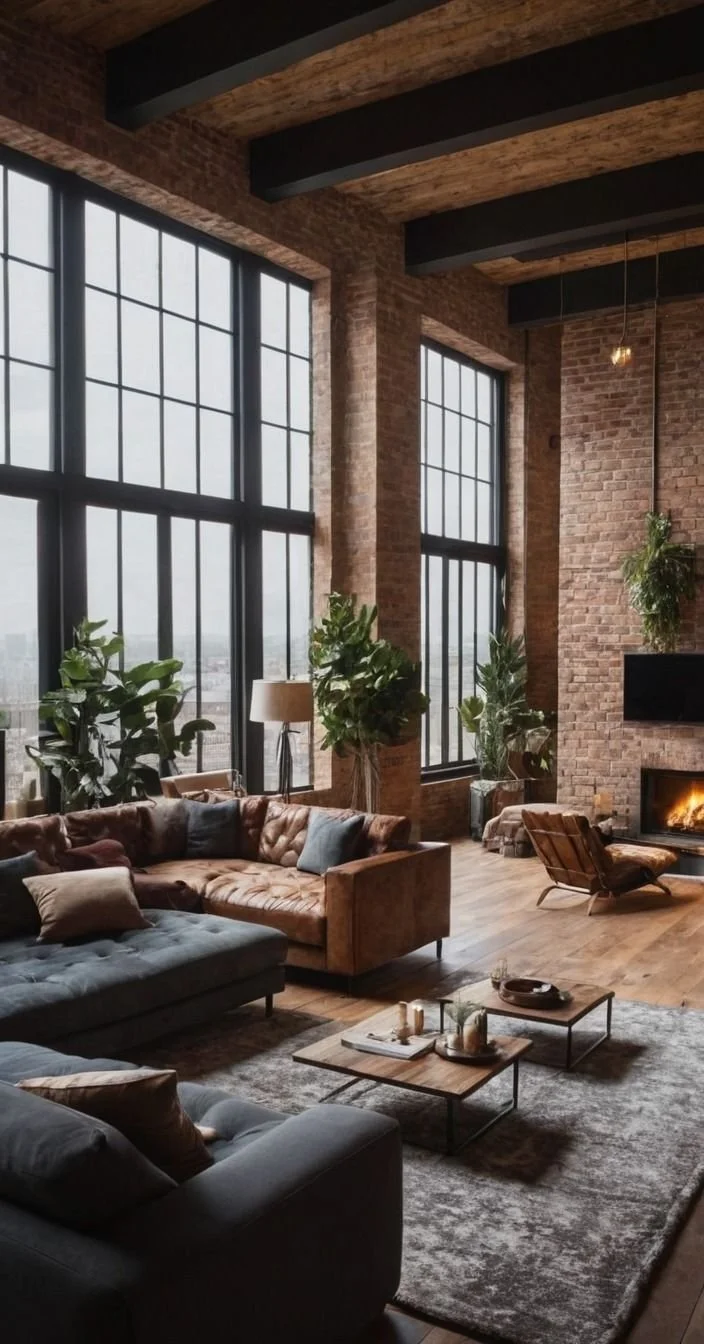 Loft style interior with open plan living space. Exposed Bricks and large floor to ceiling windows.