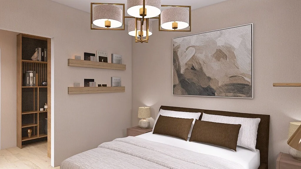 A bedroom with a bed featuring white bedding and two brown pillows, a nightstand with a lamp, a large abstract painting on the wall, a ceiling light fixture, and decorative shelves with books and picture frames.