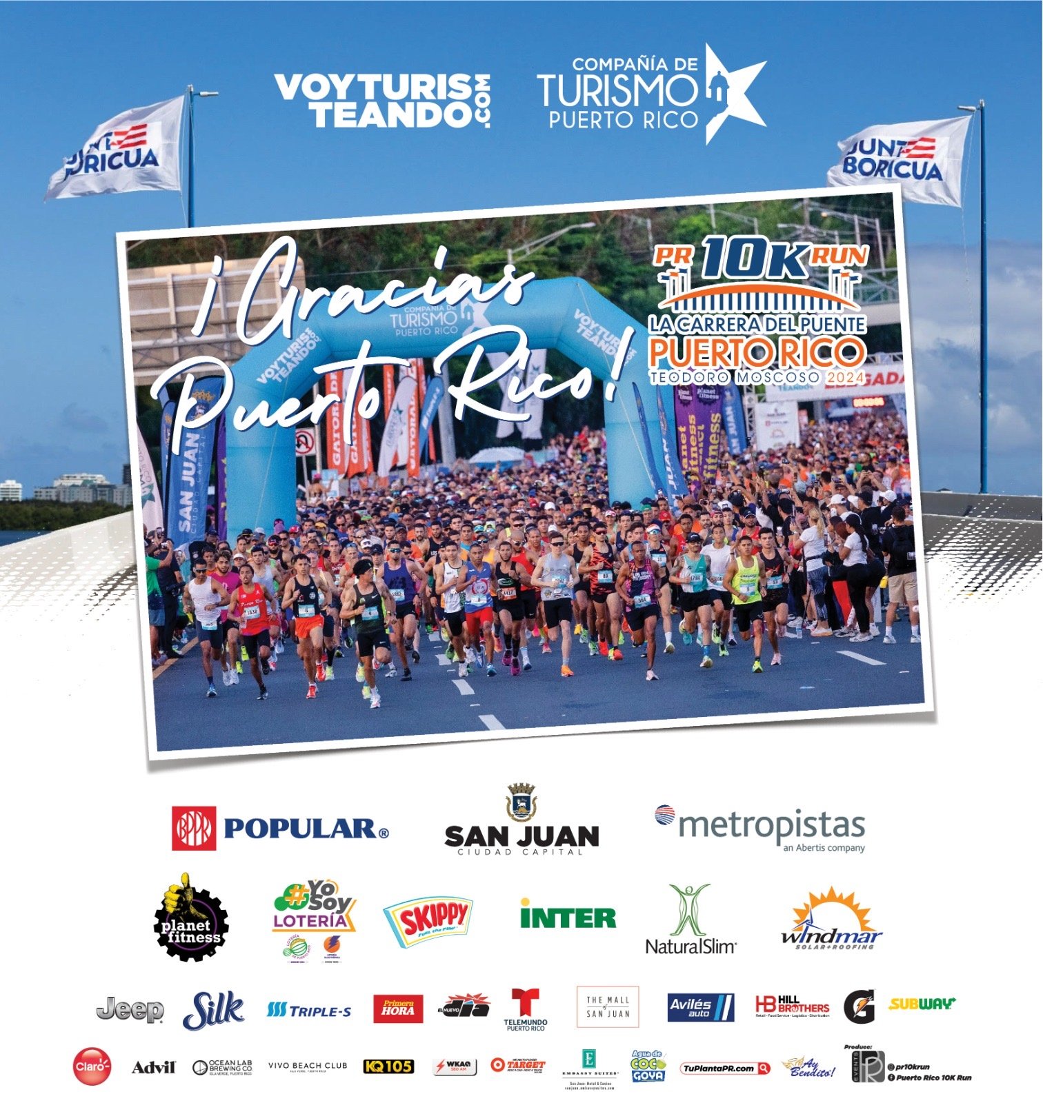 &iexcl;Gracias Puerto Rico! 🇵🇷 

Nuevamente un &eacute;xito, gracias por asistir y ser parte de nuestro evento. Esperamos que lo hayan disfrutado. Nos vemos el a&ntilde;o que viene 🙌

 #CorrePorTuMeta #pr10krun2024