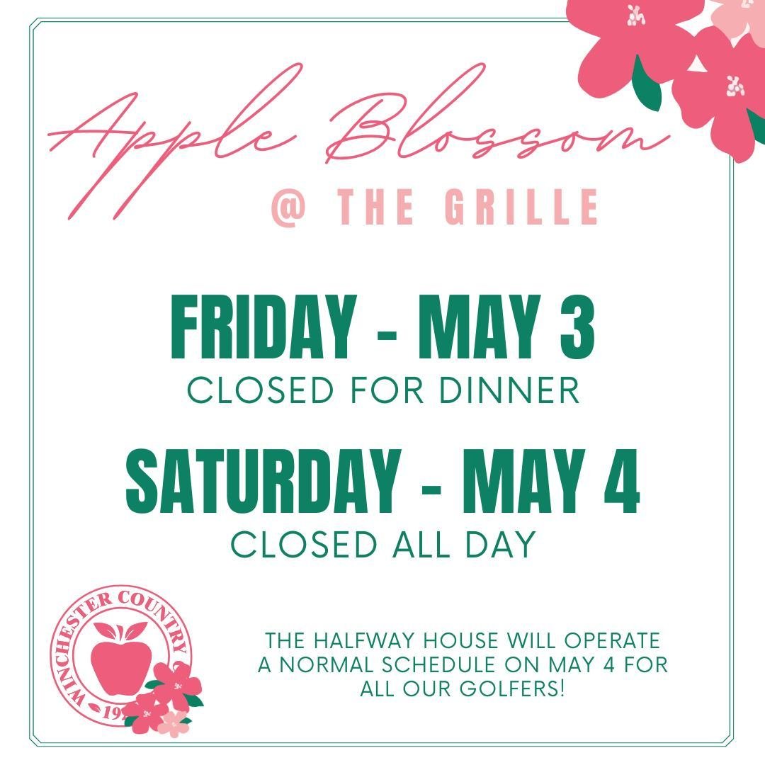 REMINDER!

The Grille is CLOSED for dinner service, tonight, May 3rd and all day on May 4th.

The Halfway House will operate on a normal schedule on May 4th for all our golfers!