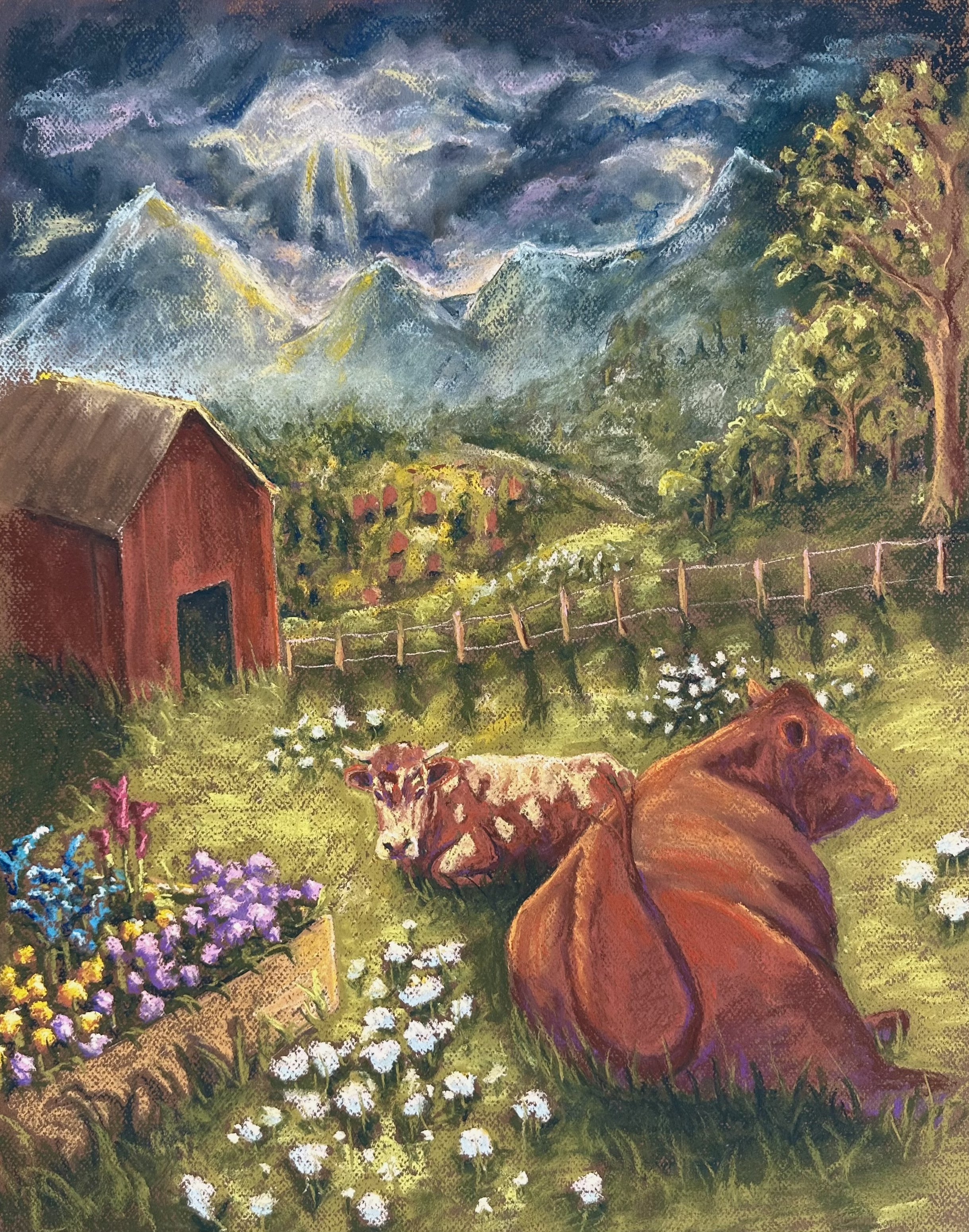 "Alpine Bovine", 2023, 20inx24in, Chalk pastel on paper