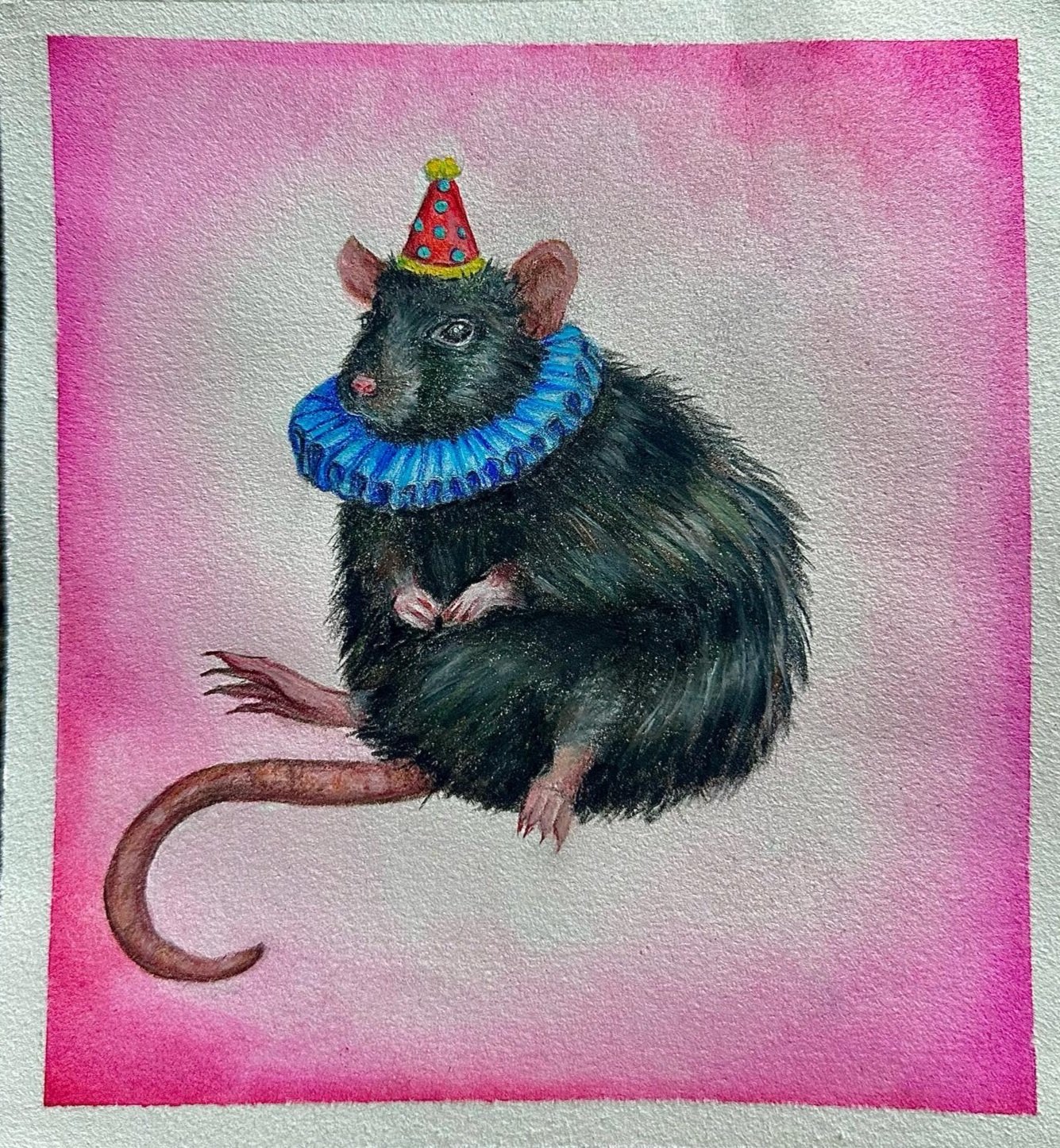 "Rufus the Rat ", 2023, 9inx9in, Colored Pencil on Watercolor paper