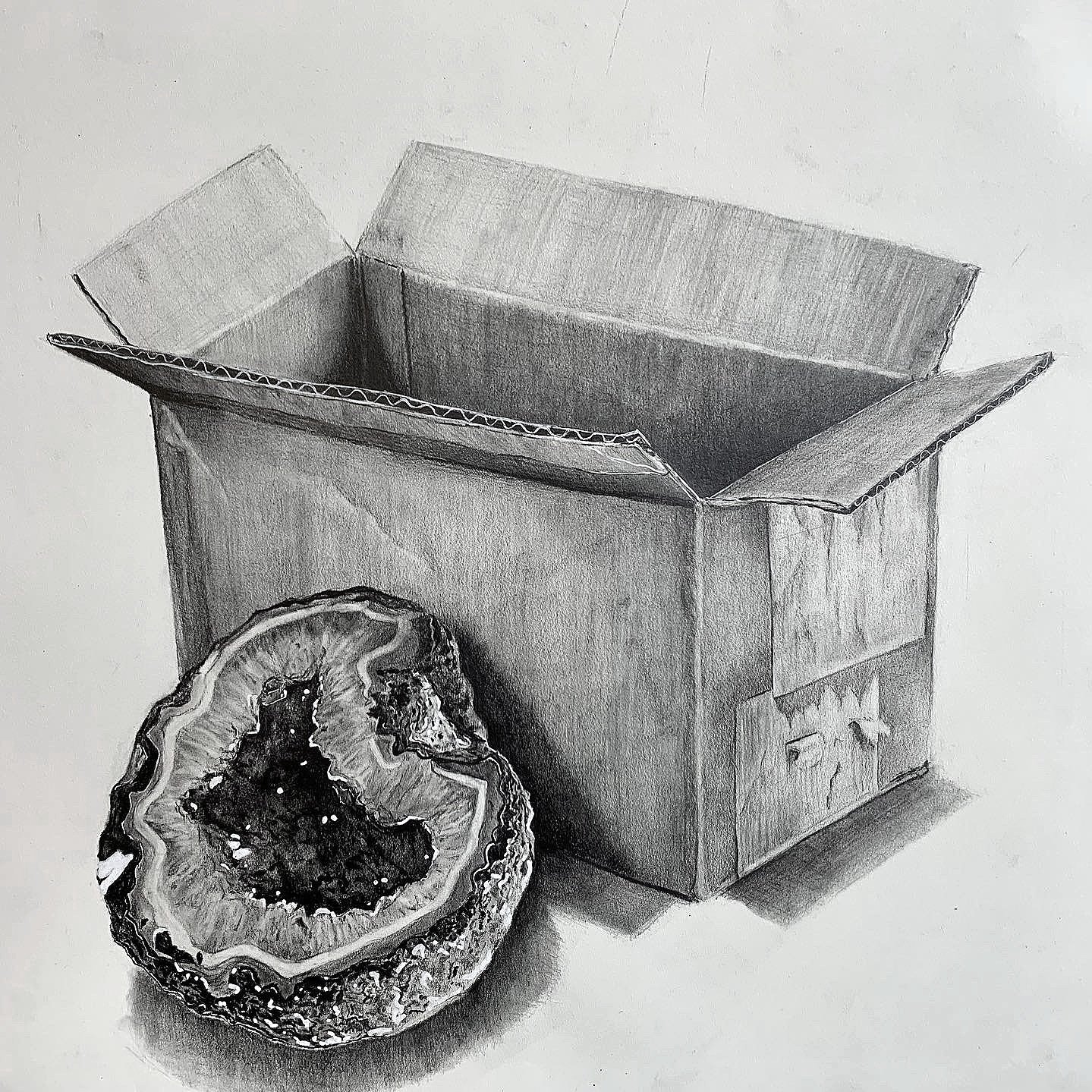 "Geode and Box study", 2021, 18inx20in, Graphite on paper
