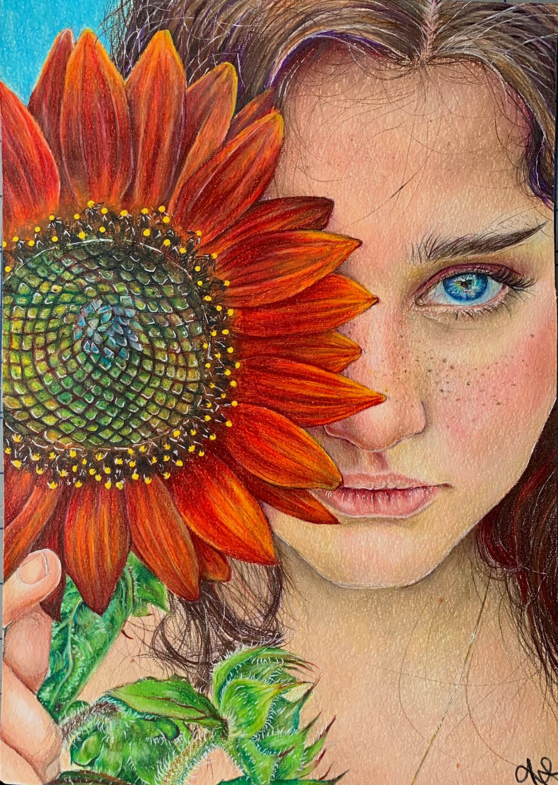 "Self-Portrait with Sunflower", 2020, 10inx14in, Colored Pencil on Watercolor paper