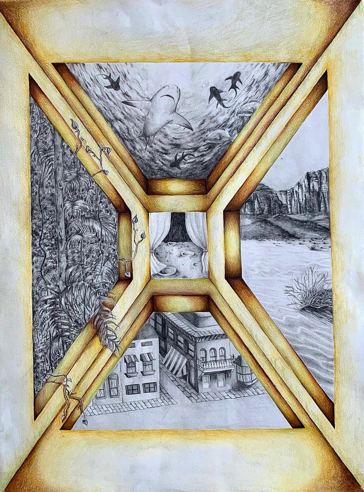 "Portals", 2021, 24inx36in, Colored Pencil and Graphite