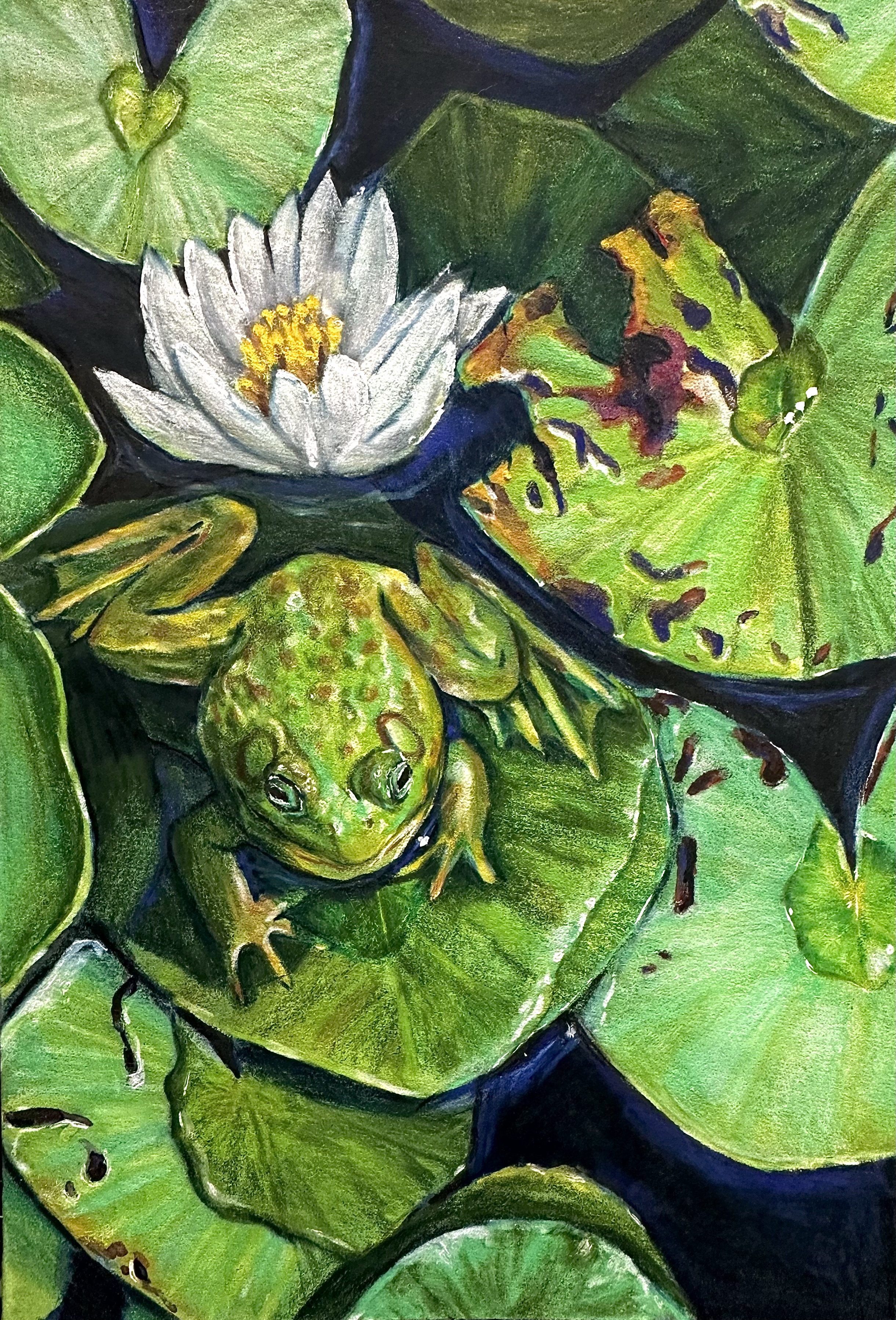 "Lily pad Lounger", 2024, 5.43inx7.87in, Watercolor, colored pencil, posca markers and gel pen on watercolor paper
