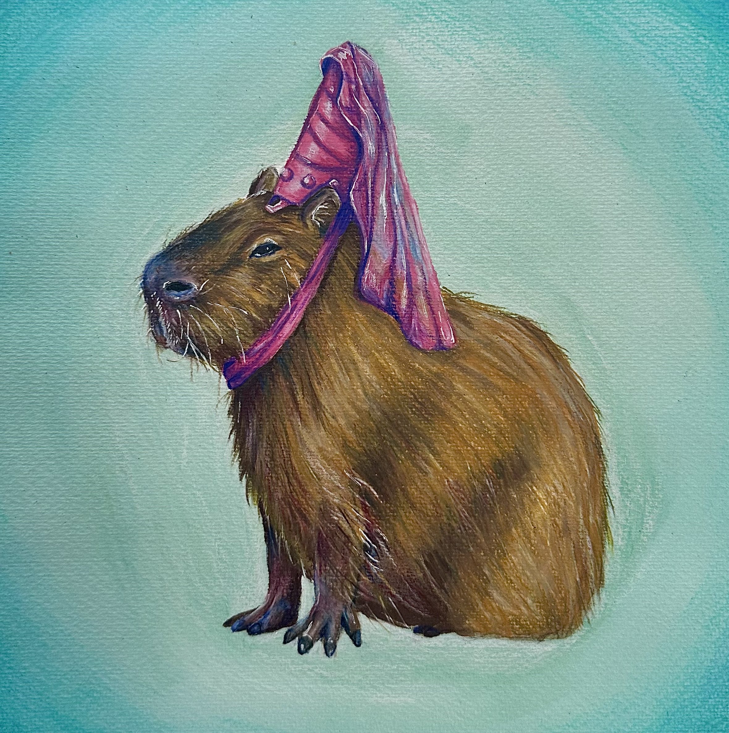 "Priscilla the Capybara", 2024, 10inx10in, Watercolor, colored pencil and gel pen on watercolor paper