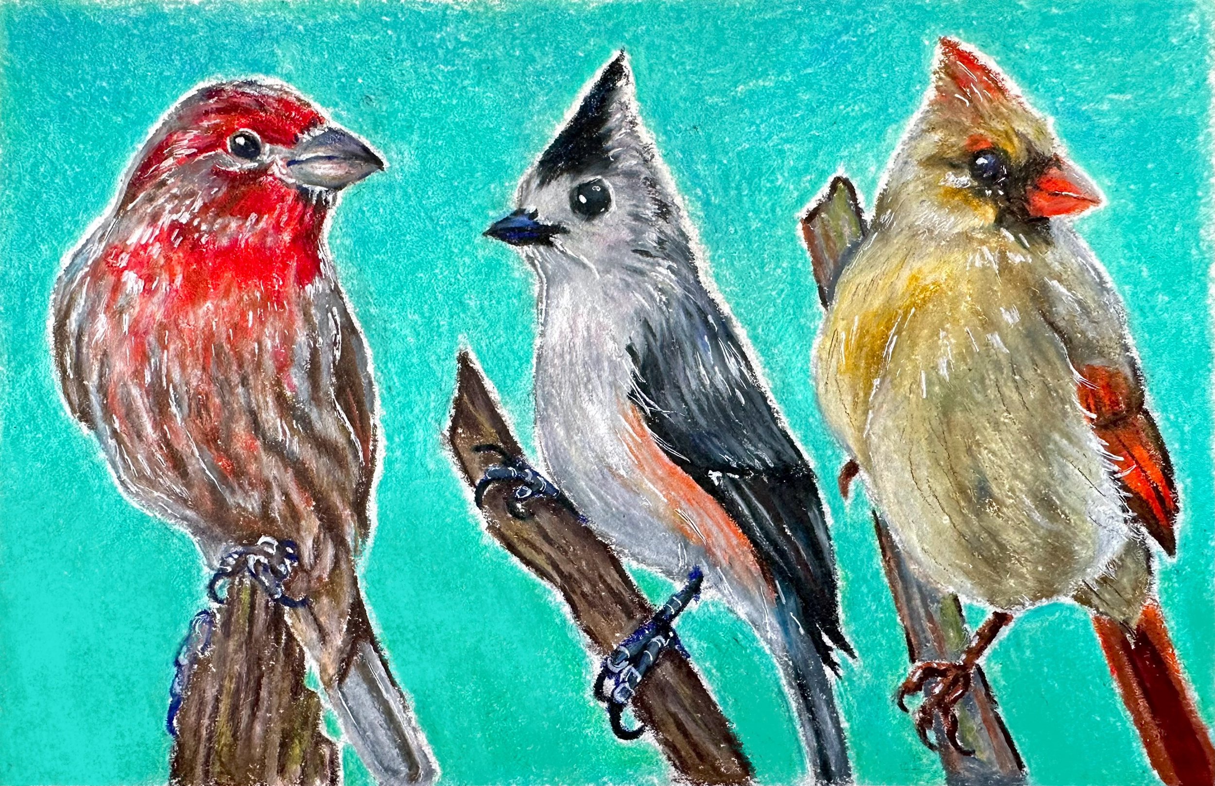 "Patio Songbirds", 2023, 5.43inx7.87in, Watercolor, colored pencil, and gel pen on watercolor paper