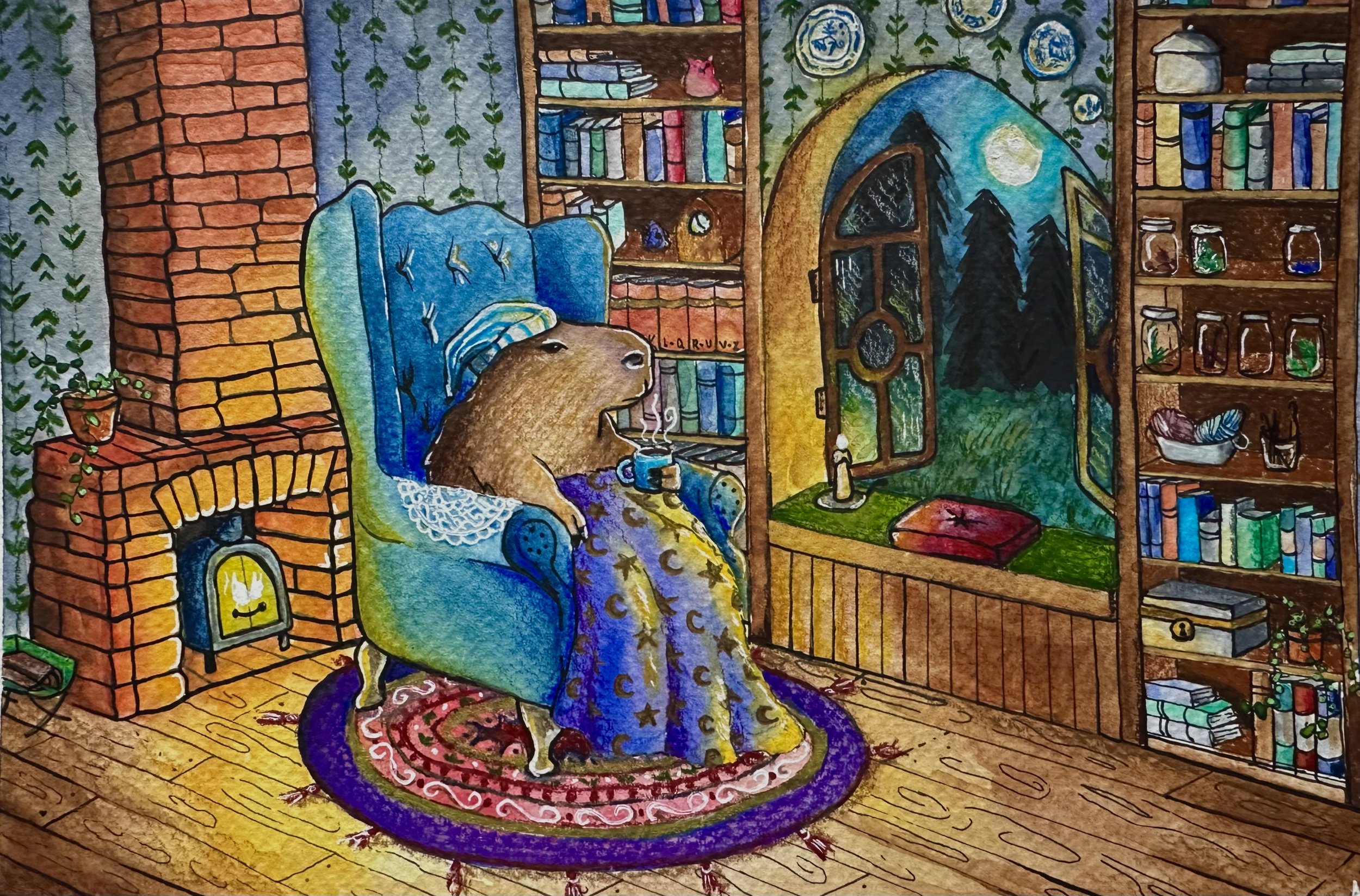 "Goodnight Moon", 2025, 6inx9in, Watercolor, colored pencil, ink pen, posca markers and gel pen on watercolor paper