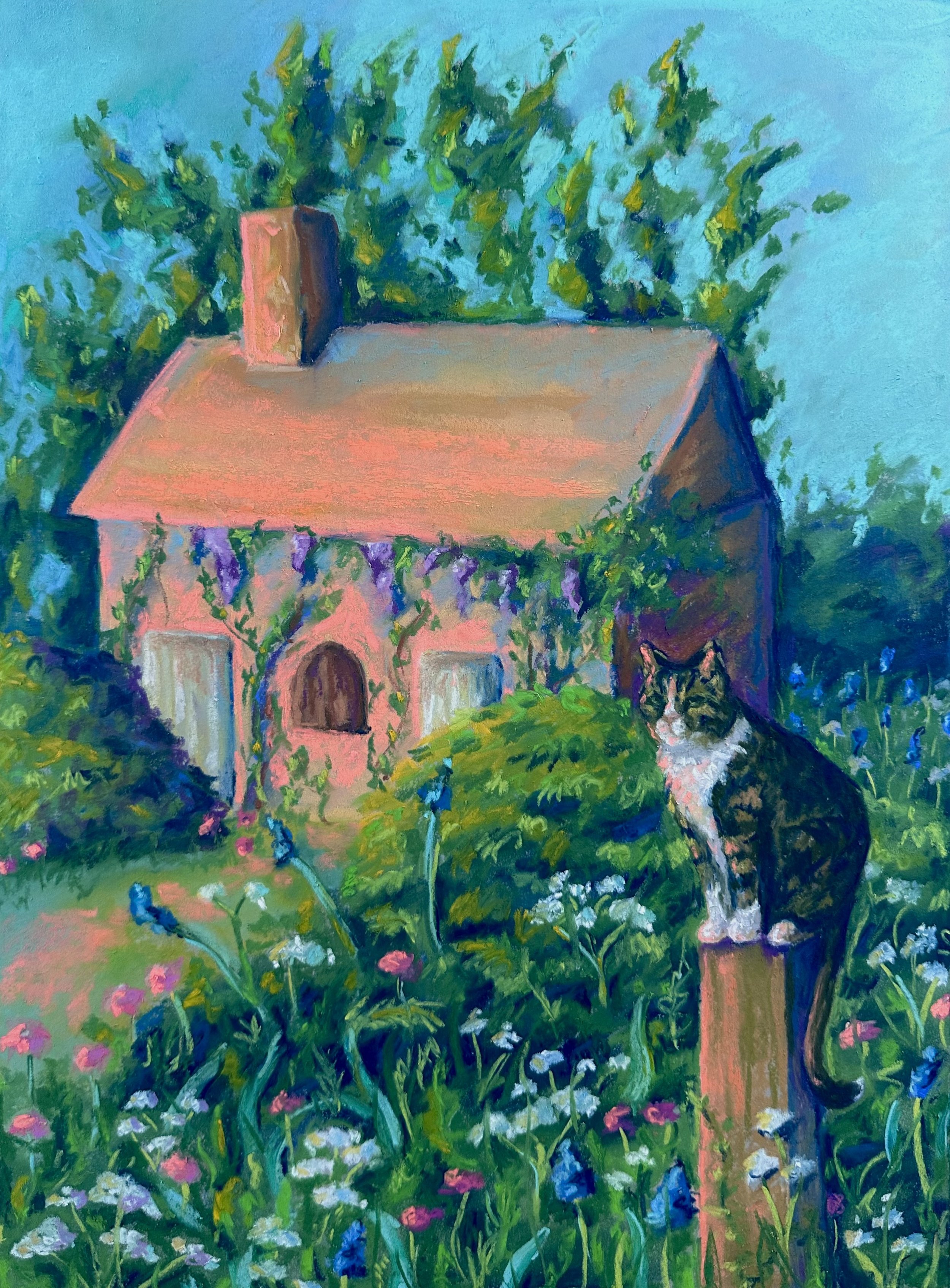 “Kitty Cottage”, 2024, 12inx16in, Chalk pastel on paper
