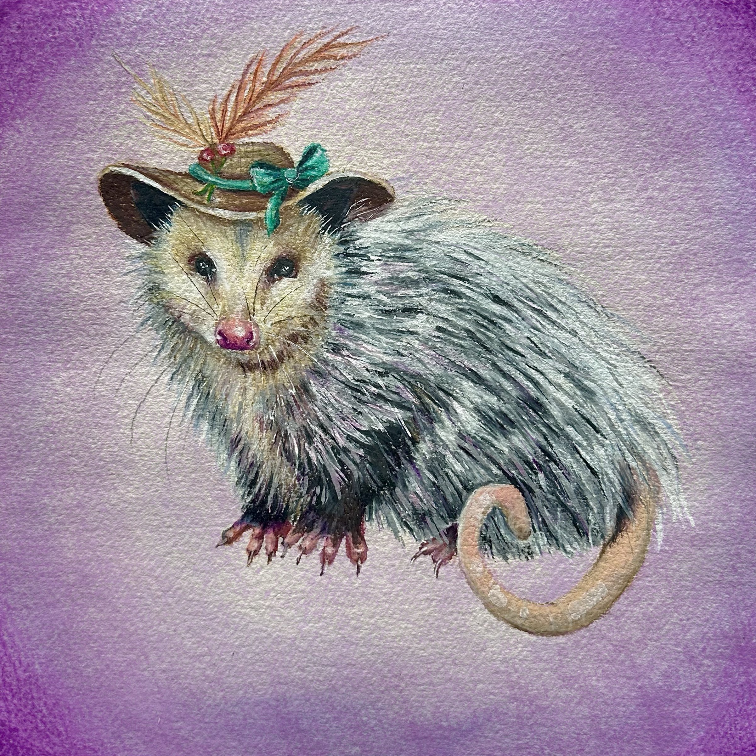 "Beatrice the Opossum", 2024, 10inx10in, Watercolor, colored pencil and gel pen on watercolor paper