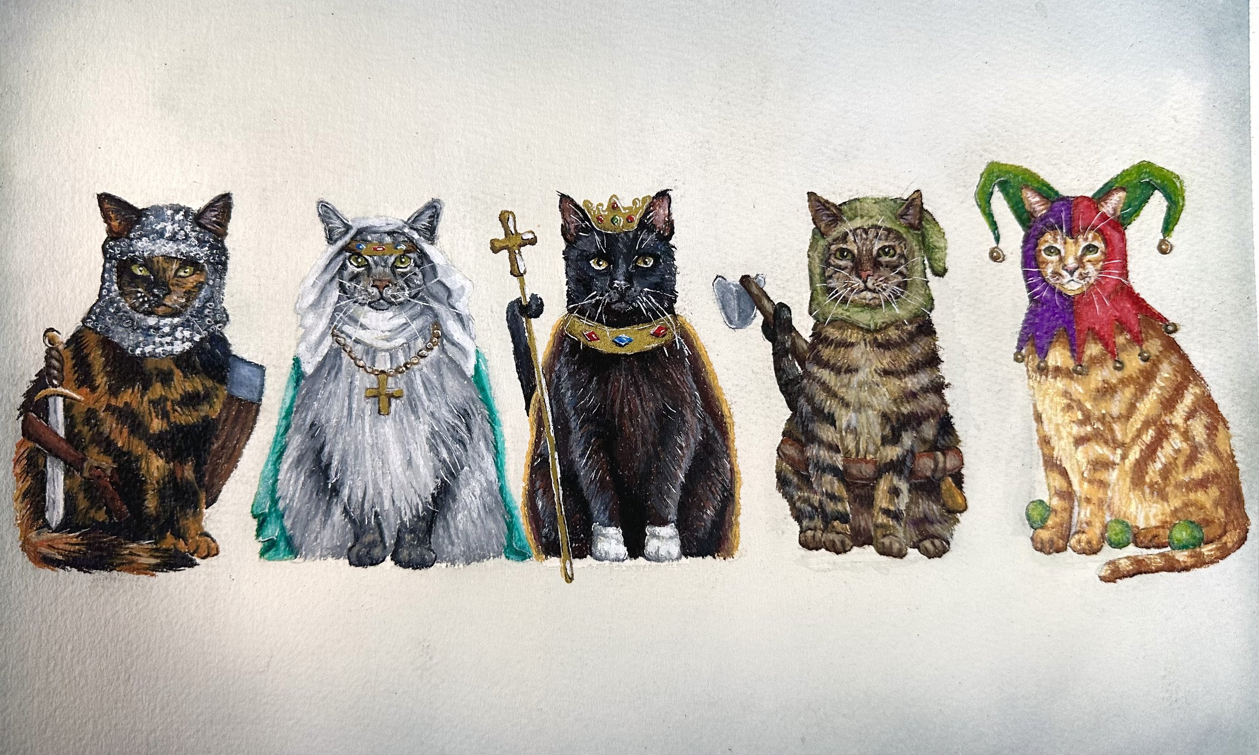"Medieval Cats", 2024, 9inx14in, Watercolor, colored pencil, ink pen, posca markers and gel pen on watercolor paper