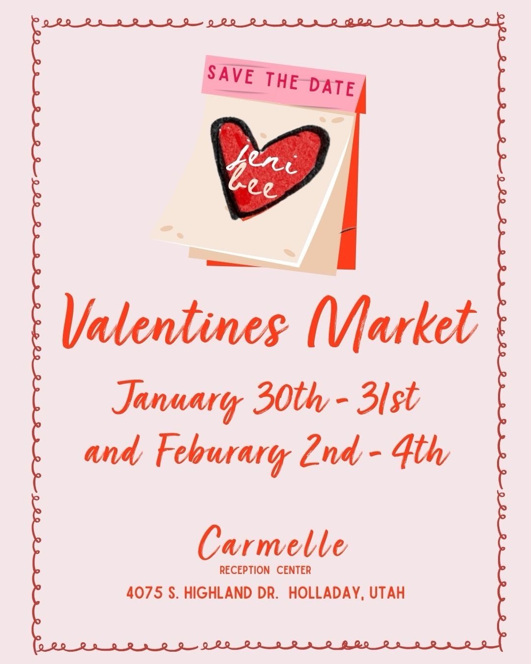 My oh my&hellip;..time flying by 

Are you ready?

JENIBEE
Valentines Market is just around the corner 

Starts on January 30-31,Friday and Saturday and 
Mon - Wed, February 2-4

Times:
Fri. 1/30 Open 5 PM - 8:00 PM
Sat. 1/31 10 am to 8 pm
And
Mon. -
