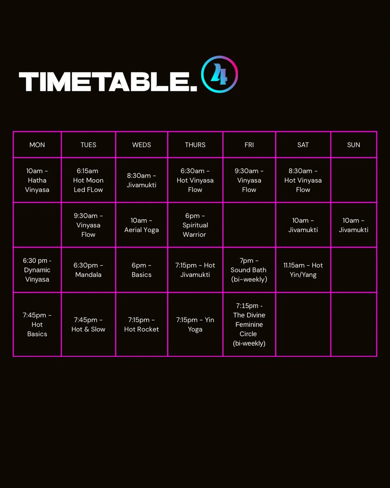 4NT YOGA TIMETABLE 🪩

New week, new practice. Tap into the 4NT timetable and choose the classes that support your mind, body, and energy.

See you on the mat.🧘🏻&zwj;♀️

#yogatimetable #4ntyoga