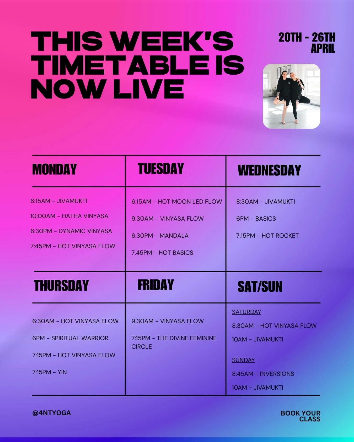 This week&rsquo;s timetable is now live, plan your week in advance. If you&rsquo;re new to 4NT get your first class is free - see you on the mat. 

#4ntyoga #yogaclassesmcr #stockport