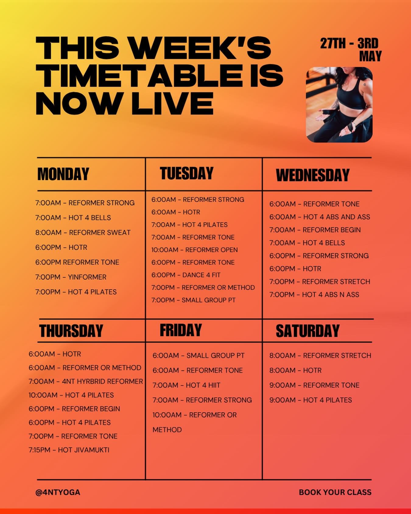 Plan your movement for the week!🍊

#fitness #classtimetable #manchester #stockport