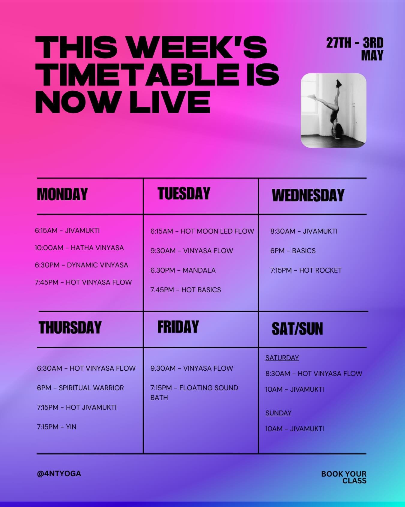 This week&rsquo;s timetable is now live! 

If you&rsquo;re new to 4NT get your first class is free - see you on the mat. 

#4ntyoga #yogaclassesmcr #stockport #freeclass