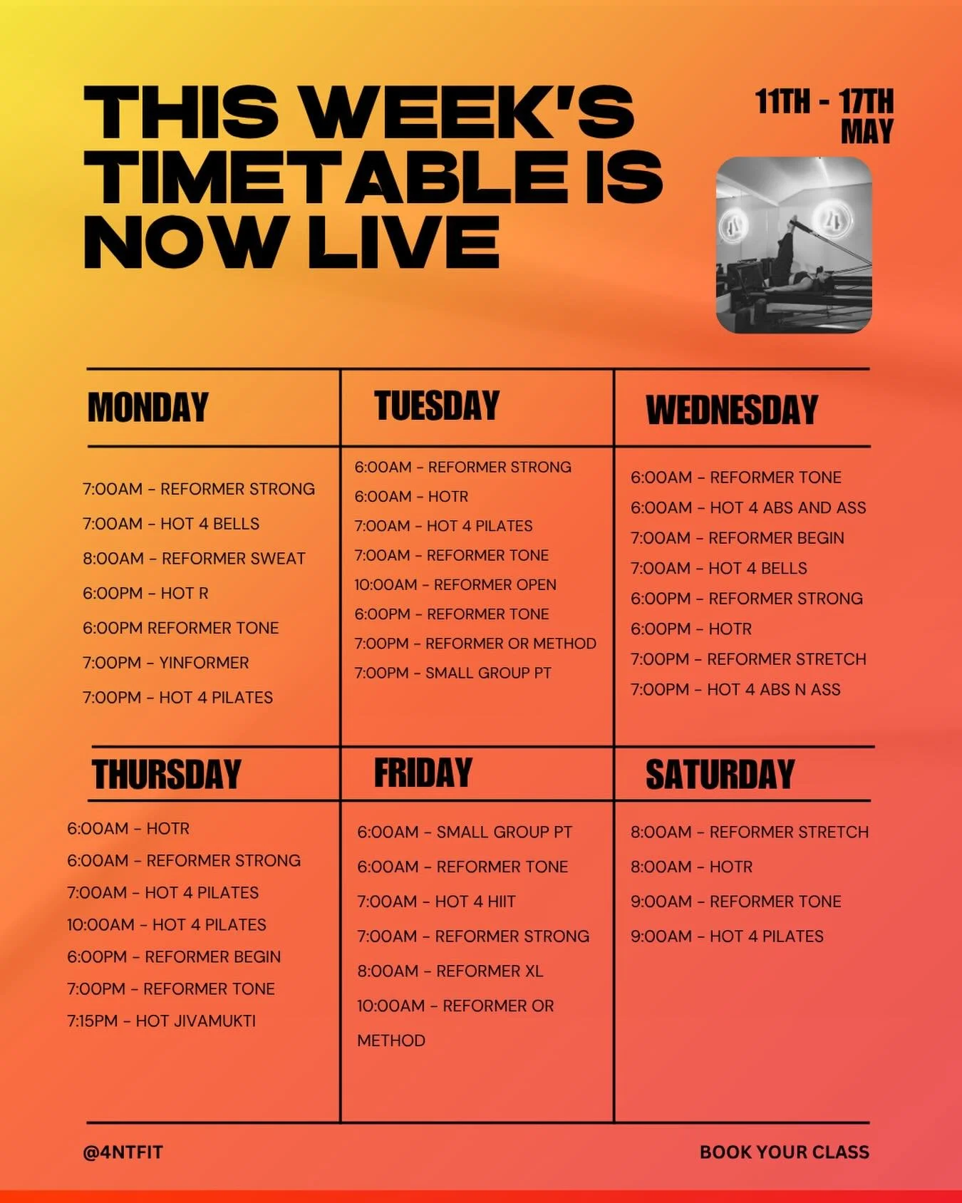 The 4nt fit timetable is live, spaces fill up quickly so get your sessions booked in. 

See you in class! 

#4ntfit #fitness #reformer #boutiquefitnessstudio #stockport