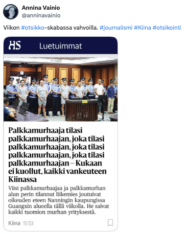 Annina Vainion Twitter-julkaisu: Viikon #otsikko-skabassa vahvoilla