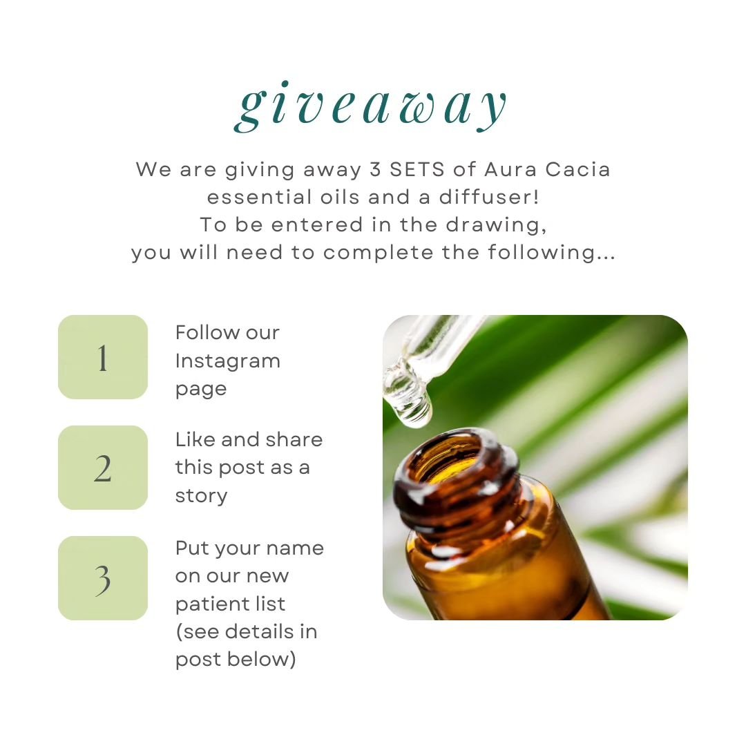 Surprise! To celebrate our grand opening in just a few months, we are hosting a giveaway!🎉💚

We are giving away 3 SETS of @auracacia essential oils and a diffuser! To be entered in the drawing, you will need to complete the following...

1) Follow 