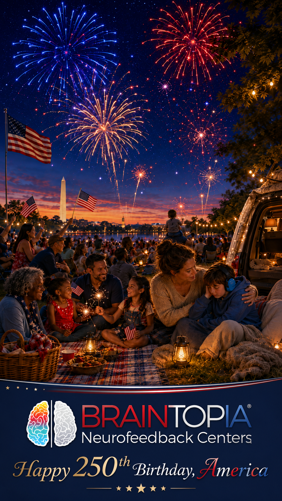 A family celebrating America's 250th birthday watching fireworks while a mother comforts a young boy wearing noise-canceling headphones for sensory overload, featuring the Braintopia Neurofeedback Centers logo.