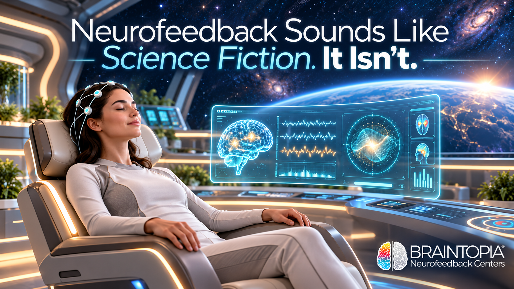 Woman wearing EEG neurofeedback head sensors resting comfortably in a futuristic starship lounge, with text reading: 'Neurofeedback Sounds Like Science Fiction. It Isn’t.' by Braintopia Neurofeedback Centers.