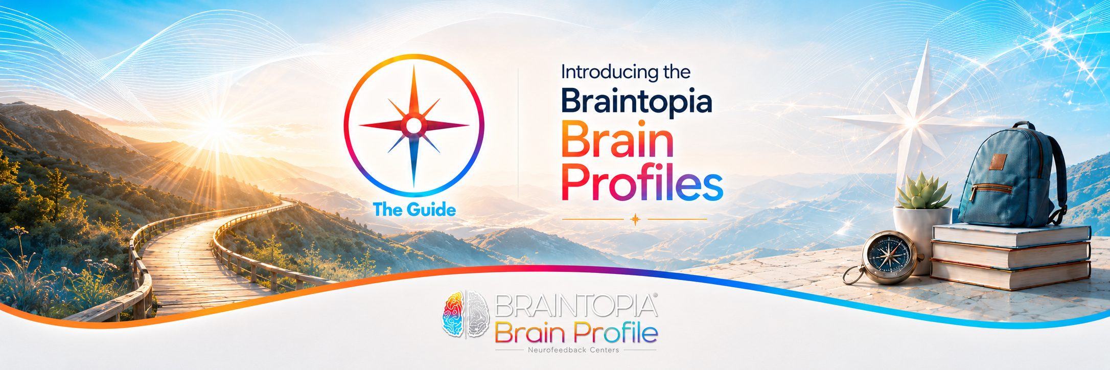 Braintopia Brain Profiles graphic featuring The Guide logo, compass, stack of books, and backpack for teachers and mentors