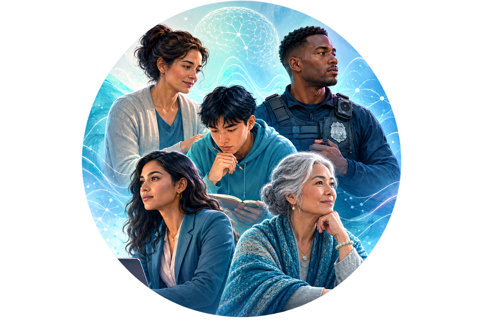 Diverse group of people representing Braintopia Brain Profiles set against a blue brainwave background