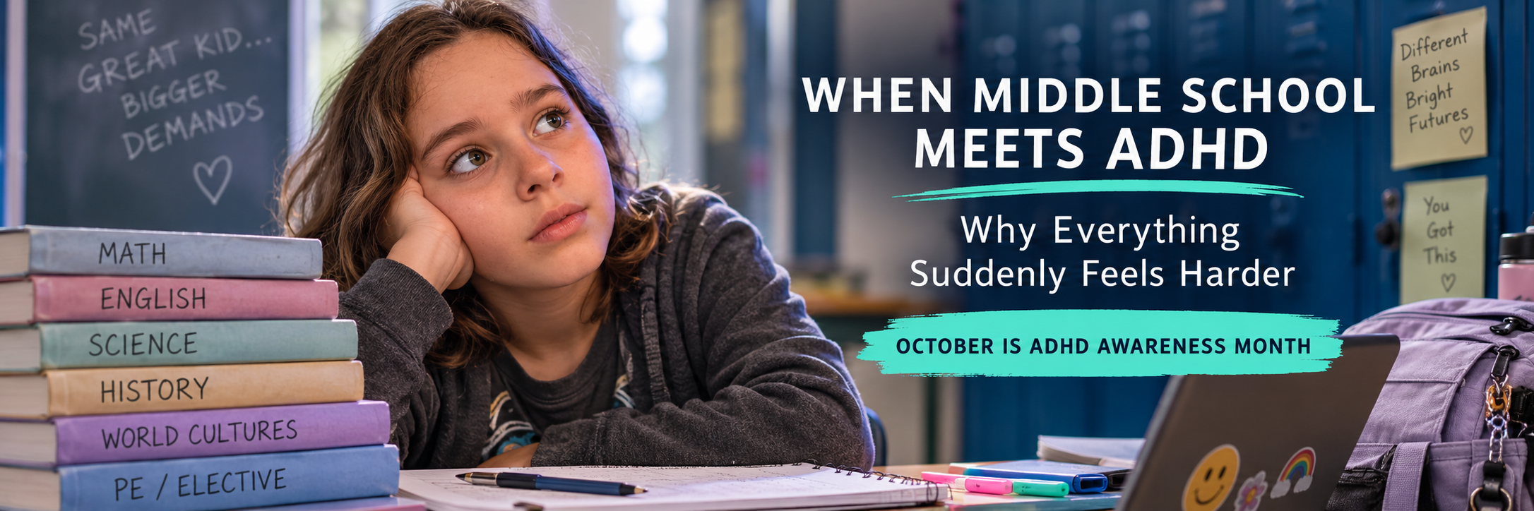 Middle school student resting head on hand next to a tall stack of textbooks and school supplies, with title text reading: "When Middle School Meets ADHD: Why Everything Suddenly Feels Harder – October is ADHD Awareness Month."
